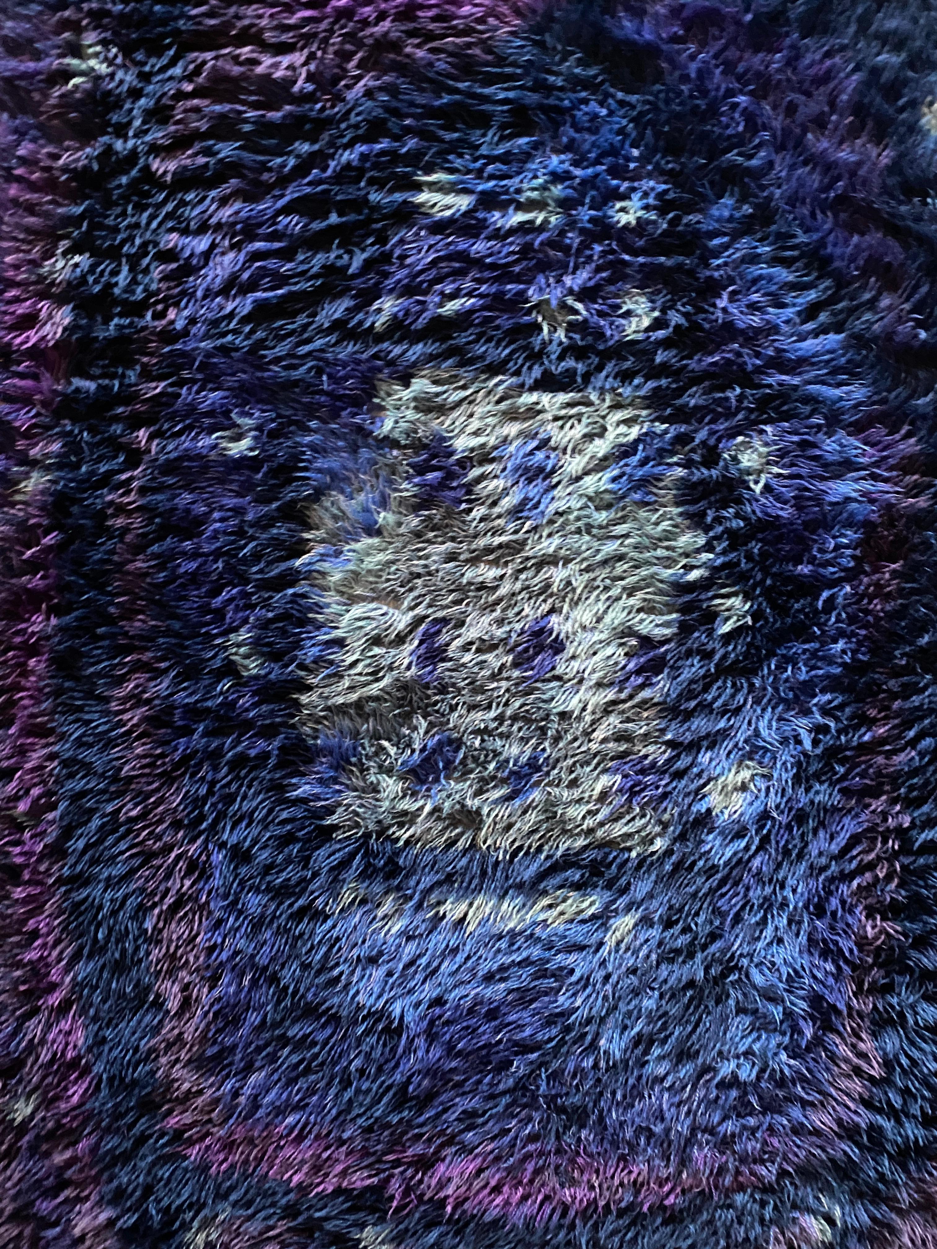 Swedish Mid-century Modern High Pile Blue and Violet Rya Rug, Sweden NIAB, Sweden, 1970. For Sale