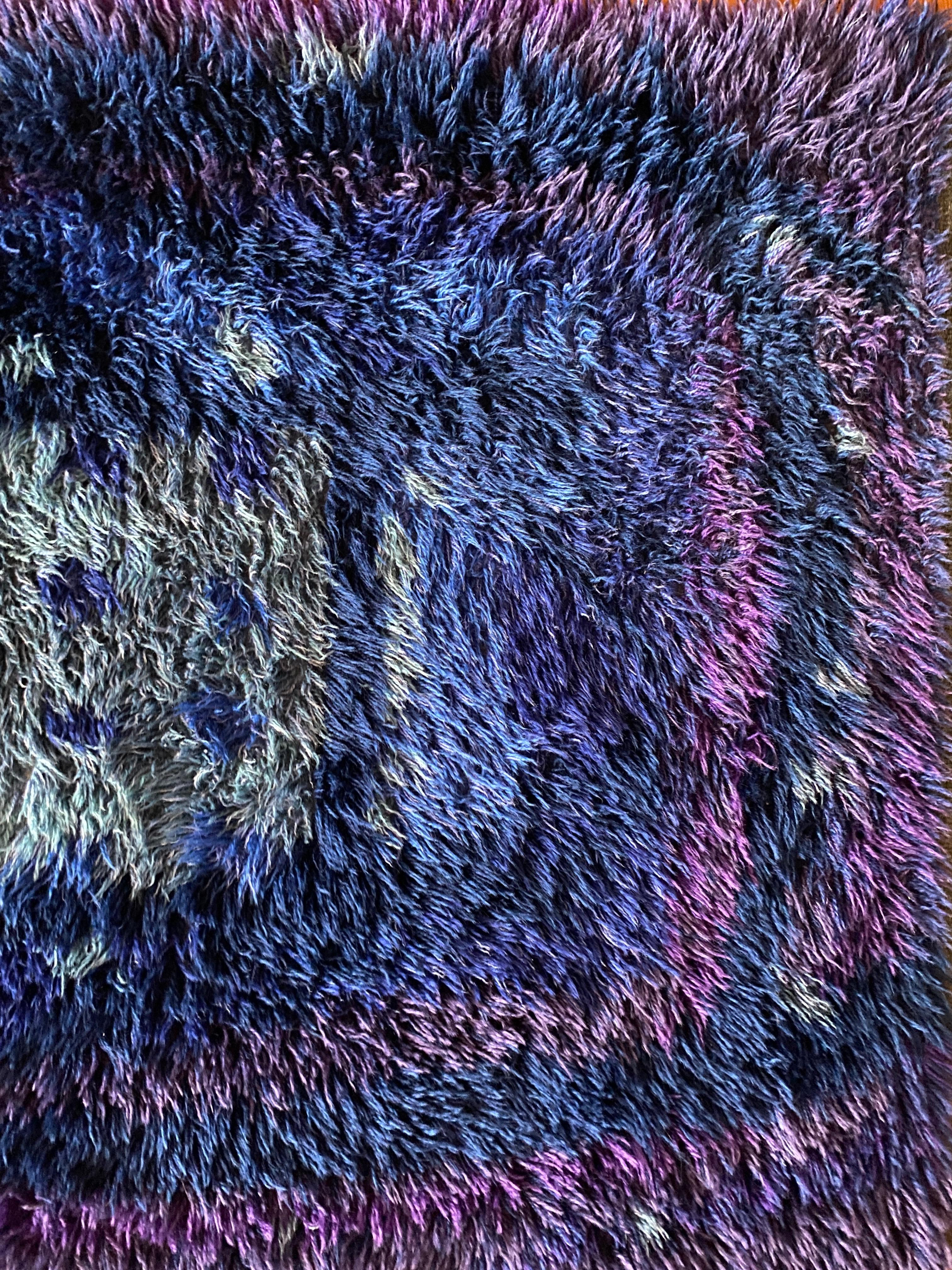 Late 20th Century Mid-century Modern High Pile Blue and Violet Rya Rug, Sweden NIAB, Sweden, 1970. For Sale