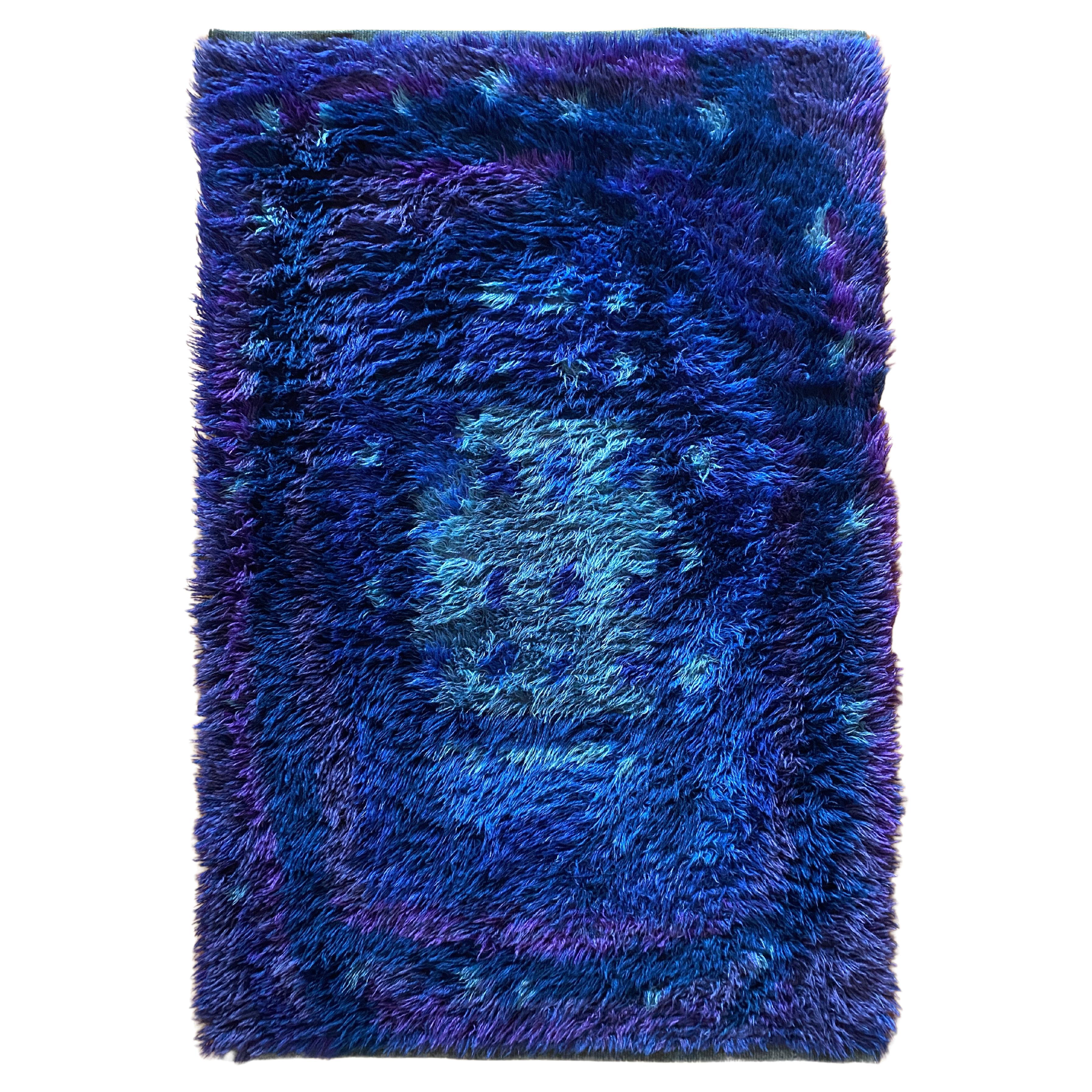 Mid-century Modern High Pile Blue and Violet Rya Rug, Sweden NIAB, Sweden, 1970.