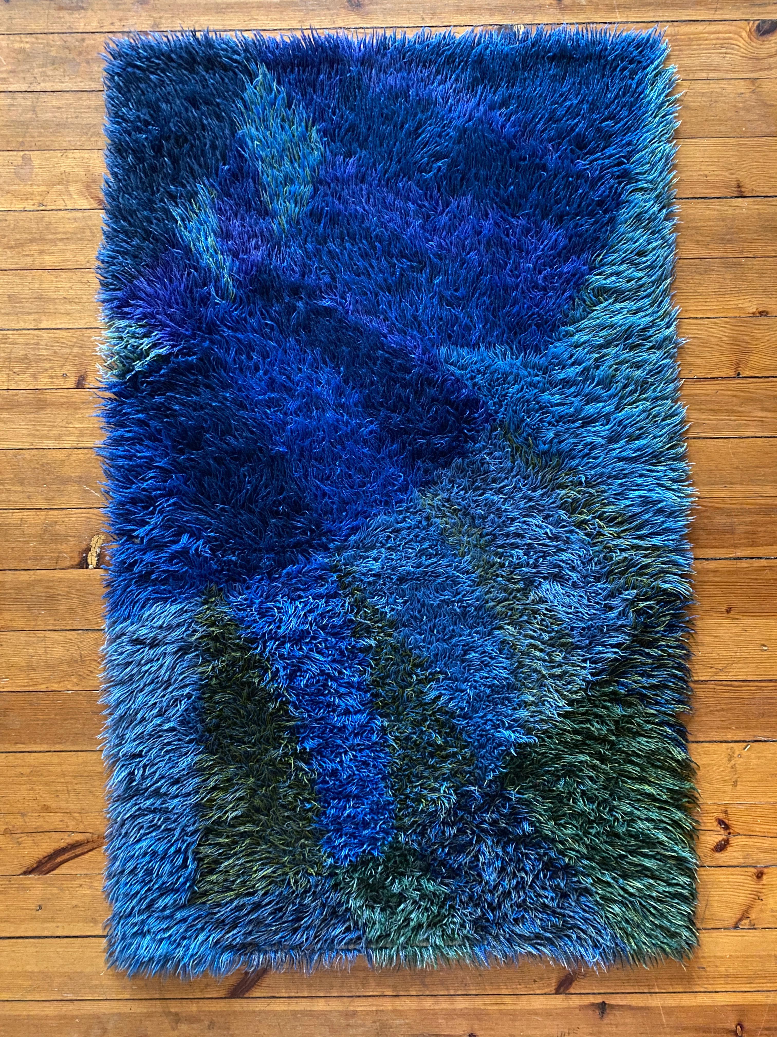 Scandinavian Modern Mid-century Modern High Pile Blue Rya Rug, Sweden, 1960s For Sale
