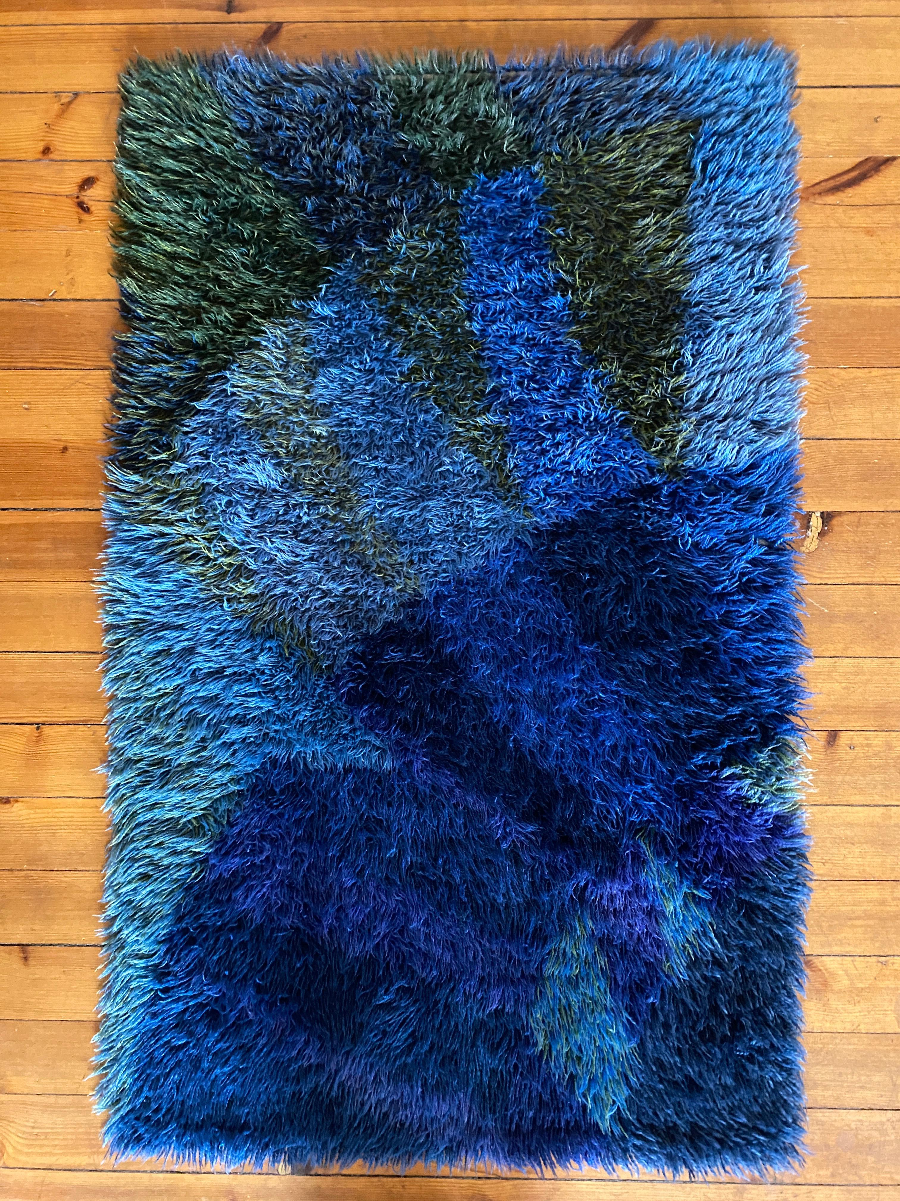 Swedish Mid-century Modern High Pile Blue Rya Rug, Sweden, 1960s For Sale