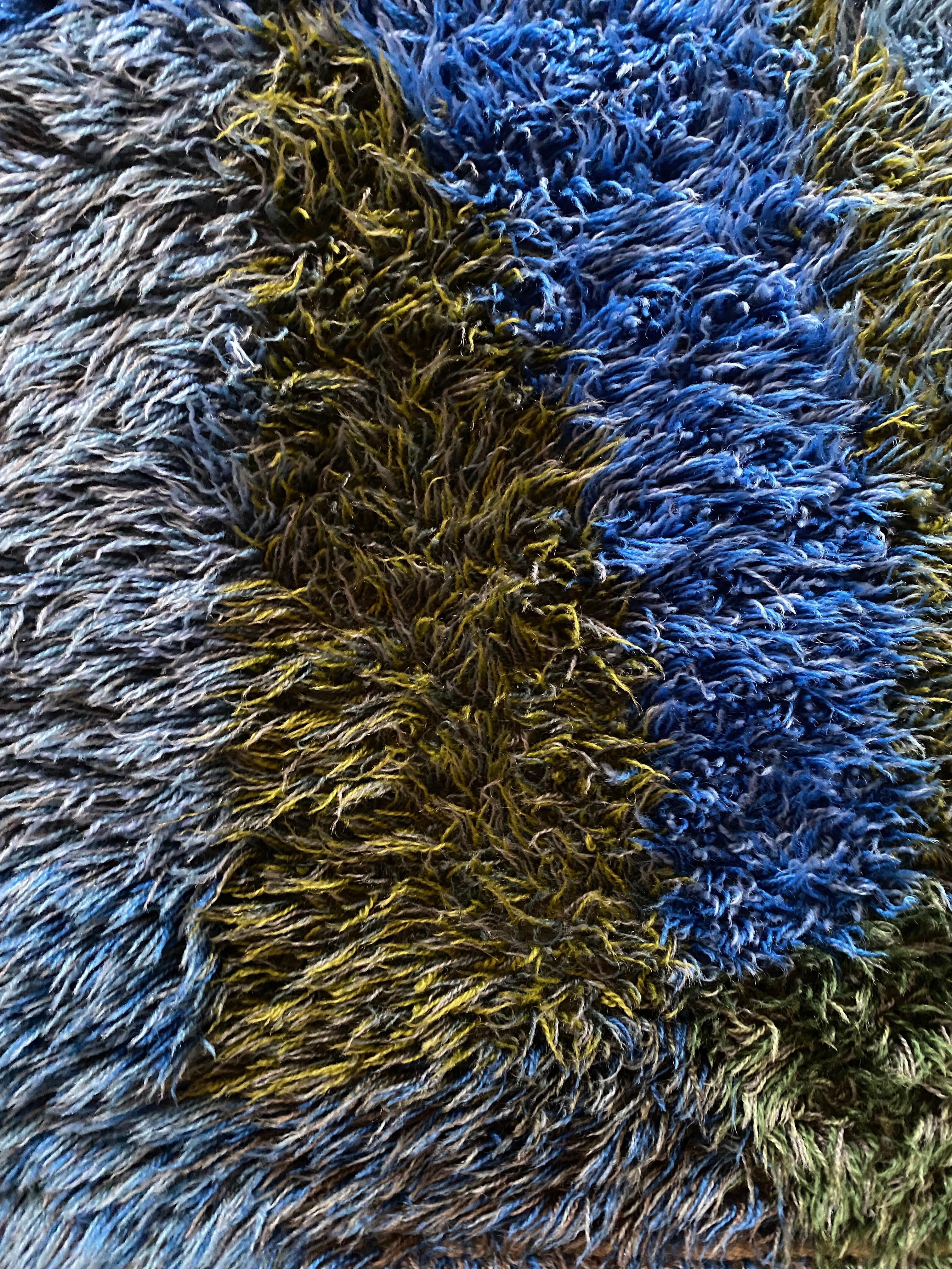 Hand-Knotted Mid-century Modern High Pile Blue Rya Rug, Sweden, 1960s For Sale