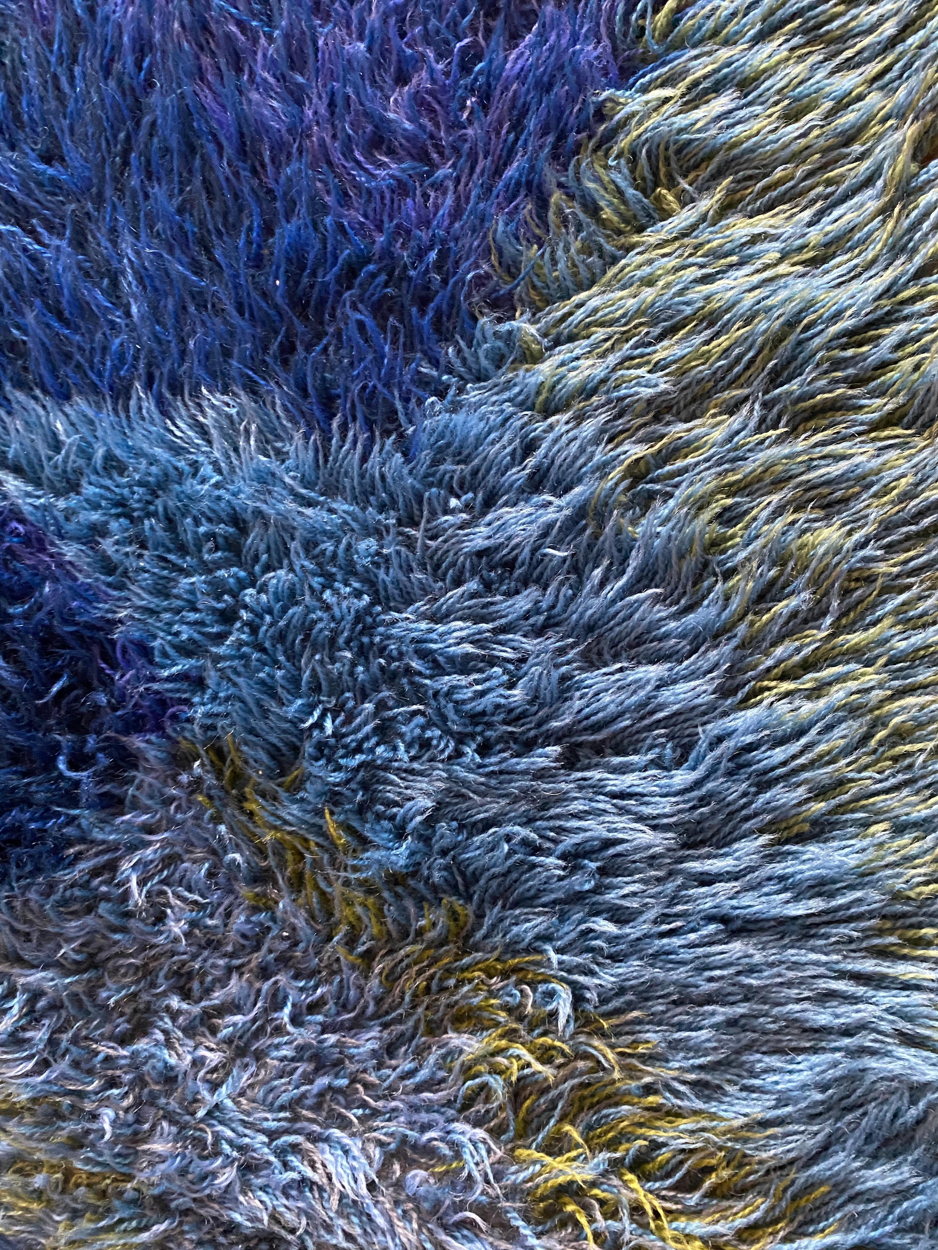 Mid-20th Century Mid-century Modern High Pile Blue Rya Rug, Sweden, 1960s For Sale