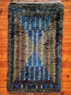 Mid-century Modern High Pile Blue Triangle Stripe Rya Rug, Sweden, 1960s