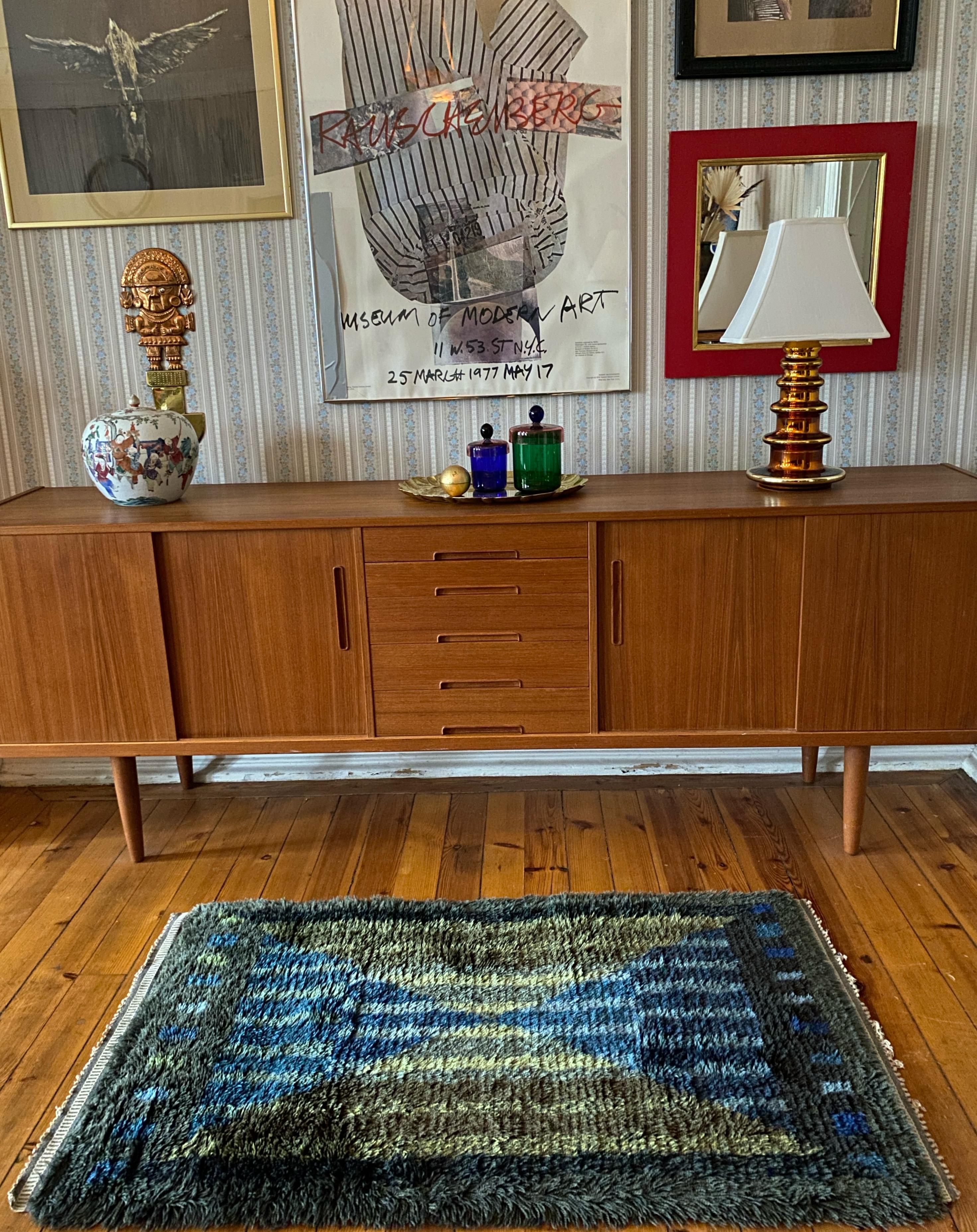 Swedish Mid-century Modern High Pile Blue Triangle Stripe Rya Rug, Sweden, 1960s For Sale
