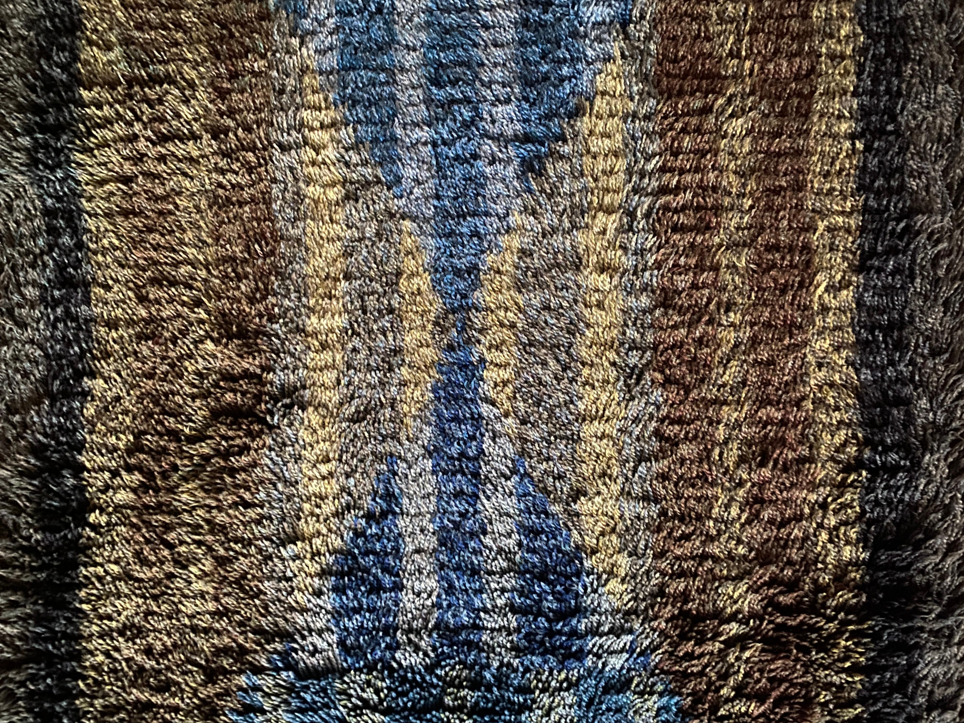 Mid-20th Century Mid-century Modern High Pile Blue Triangle Stripe Rya Rug, Sweden, 1960s For Sale