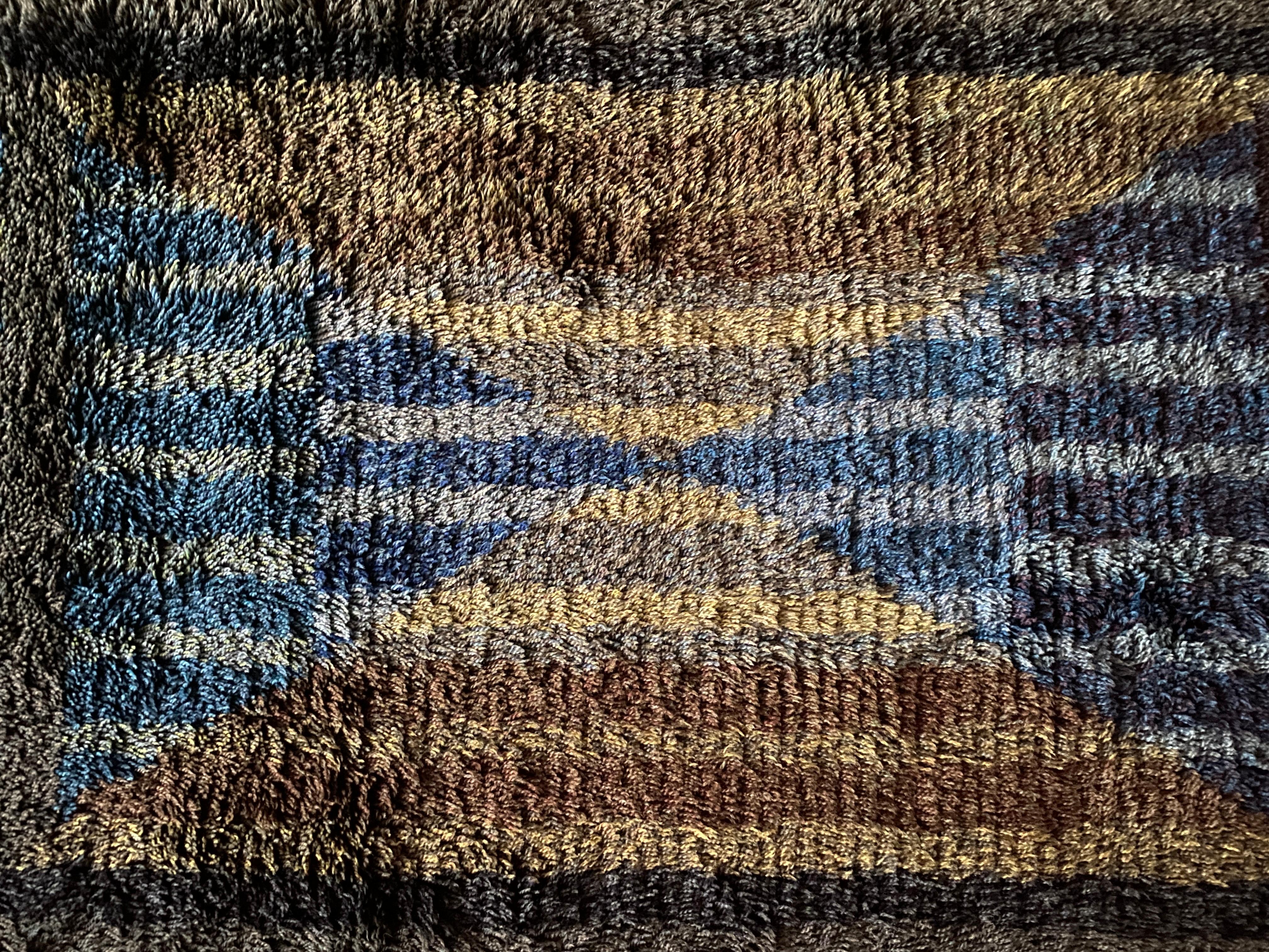 Wool Mid-century Modern High Pile Blue Triangle Stripe Rya Rug, Sweden, 1960s For Sale