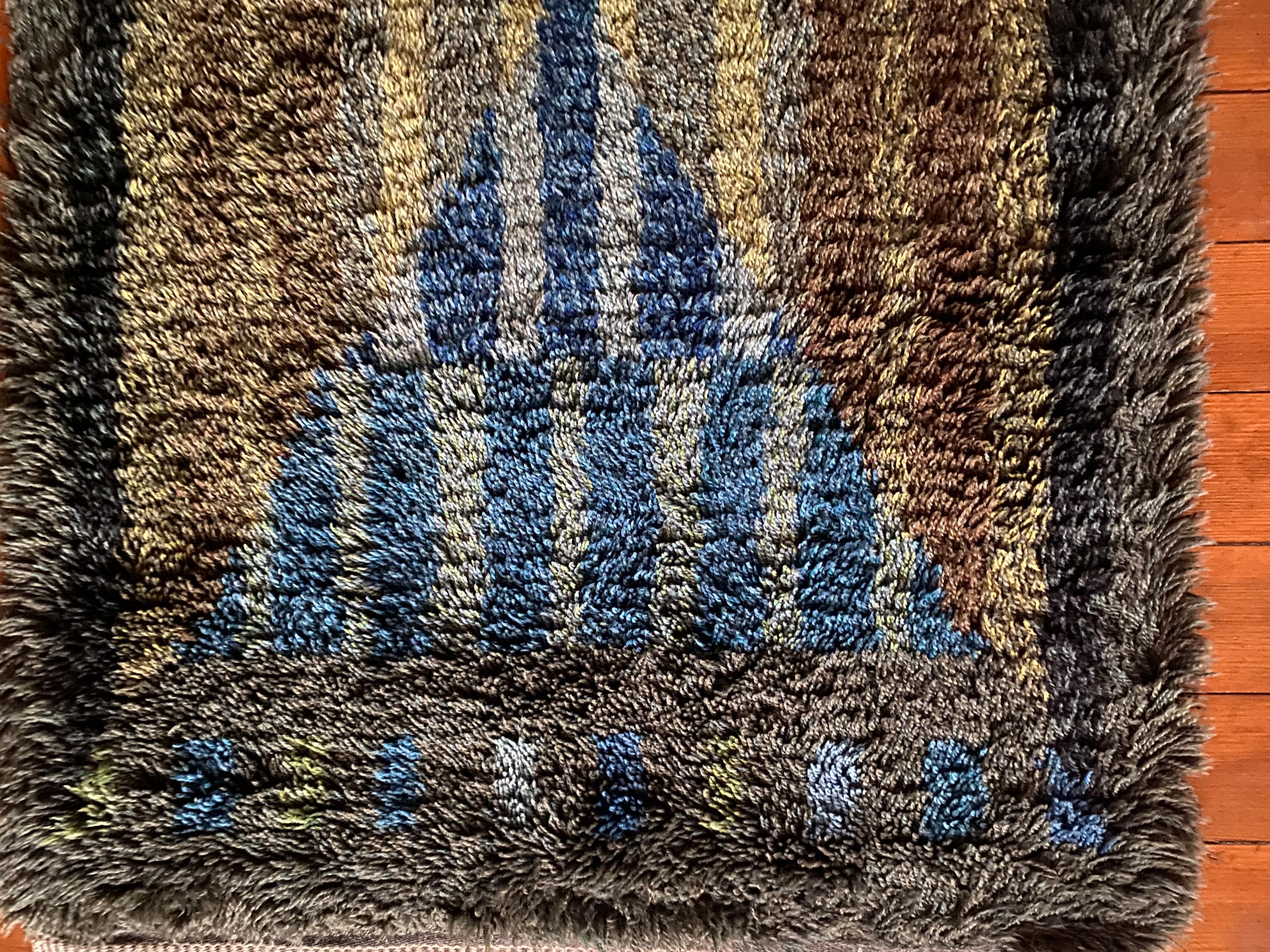 Mid-century Modern High Pile Blue Triangle Stripe Rya Rug, Sweden, 1960s For Sale 1