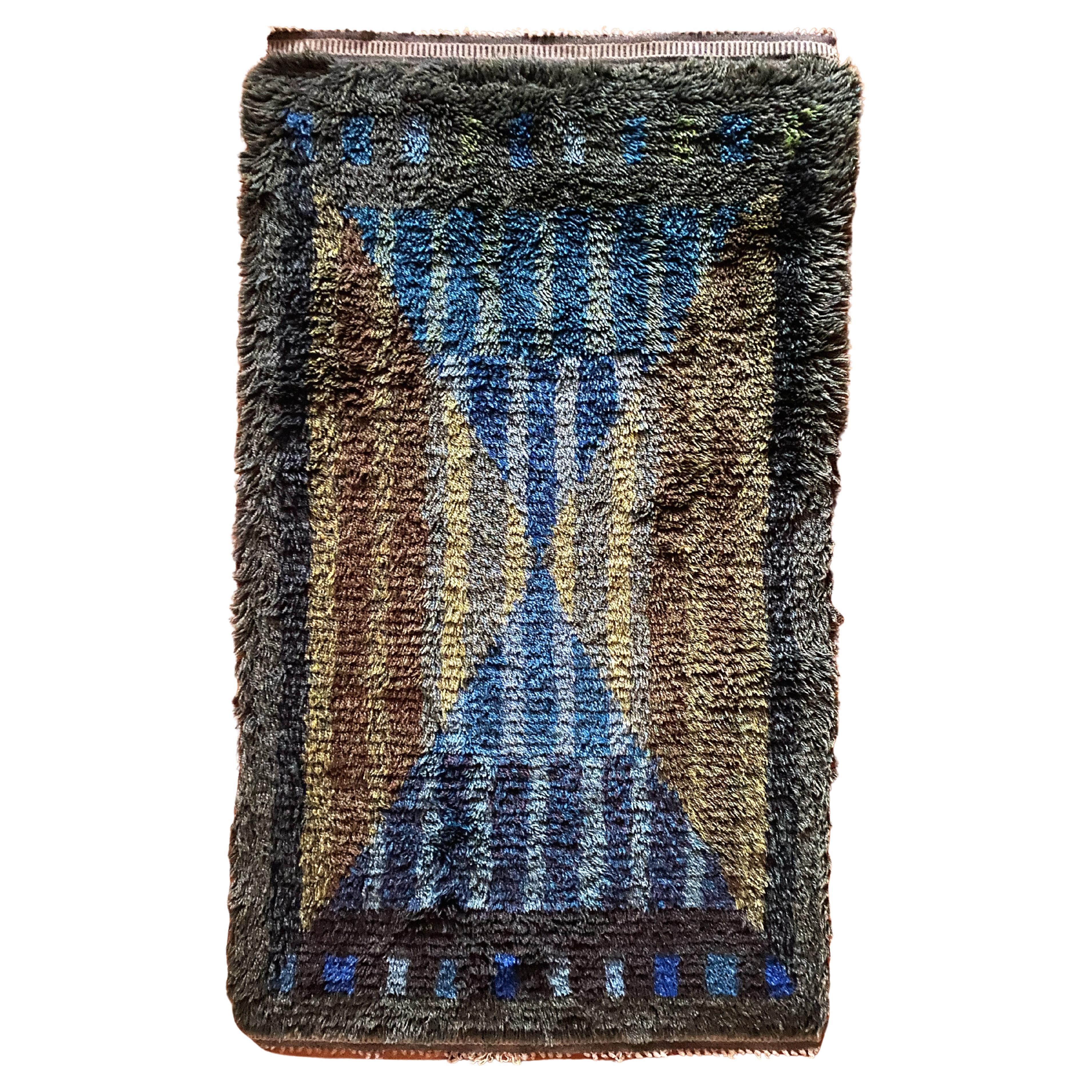 Mid-century Modern High Pile Blue Triangle Stripe Rya Rug, Sweden, 1960s