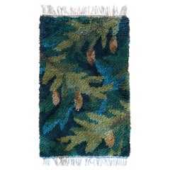 Mid-century Modern High Pile Rya Rug withGreen Fir Branches and Cones, Sweden