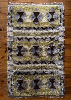 Mid-century Modern High Pile White and Brown Bows Rya Rug, Sweden, 1960s