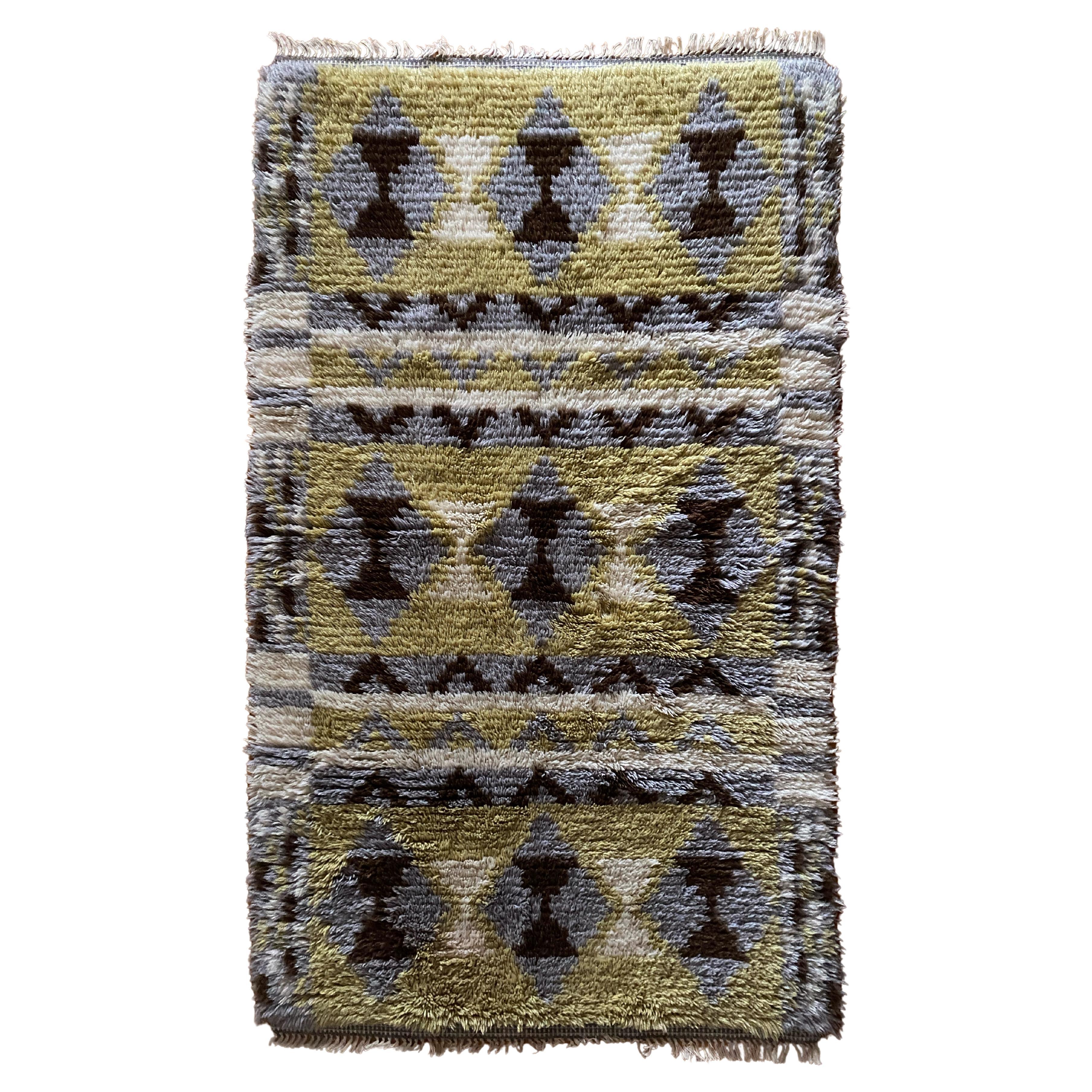 Mid-century Modern High Pile White and Brown Bows Rya Rug, Sweden, 1960s