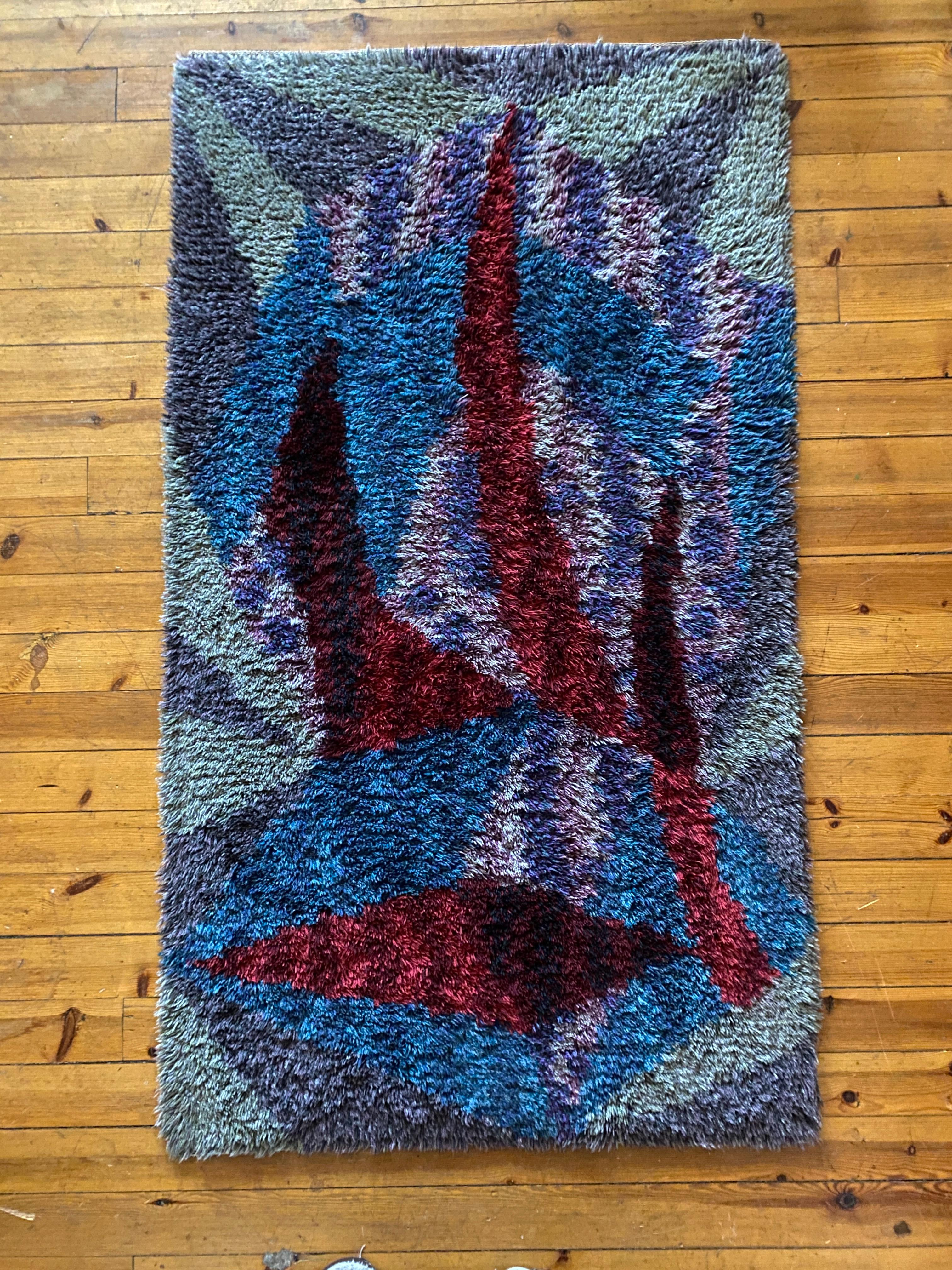 Mid-century Modern High Pile Wool Blue, Purple & Red Rya Rug, Sweden 1960s For Sale 3