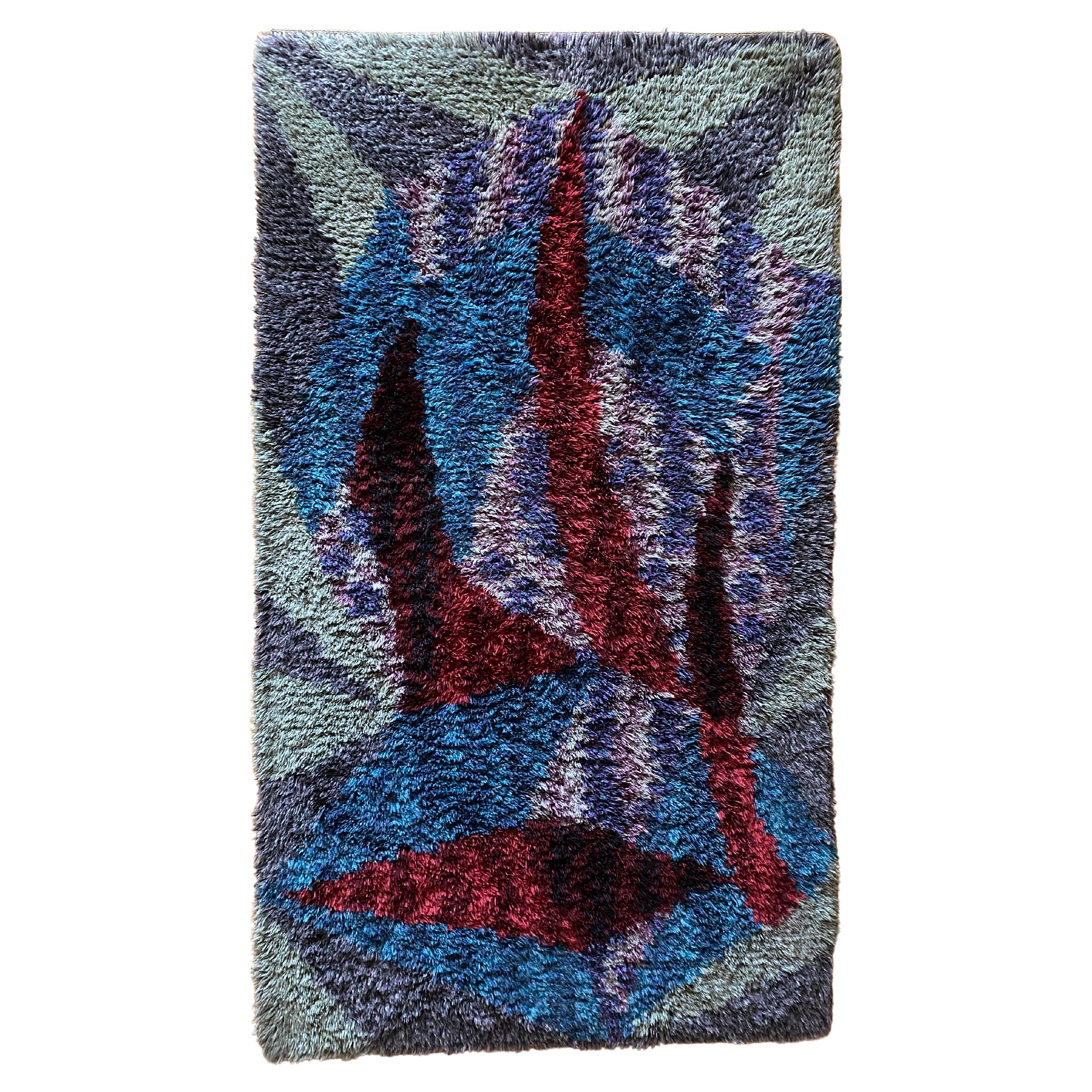Mid-Century Modern Mid-century Modern High Pile Wool Blue, Purple & Red Rya Rug, Sweden 1960s For Sale