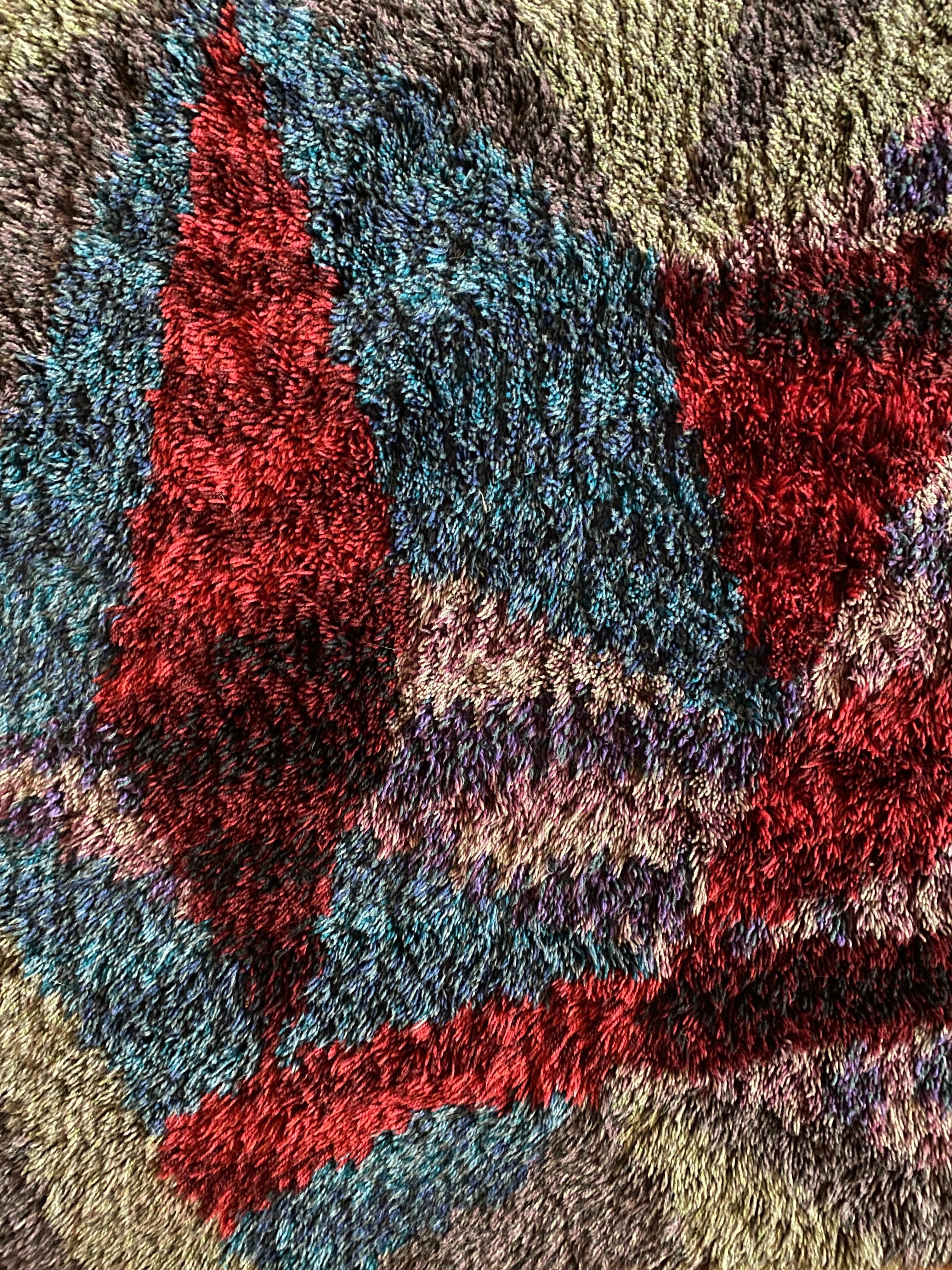 Swedish Mid-century Modern High Pile Wool Blue, Purple & Red Rya Rug, Sweden 1960s For Sale