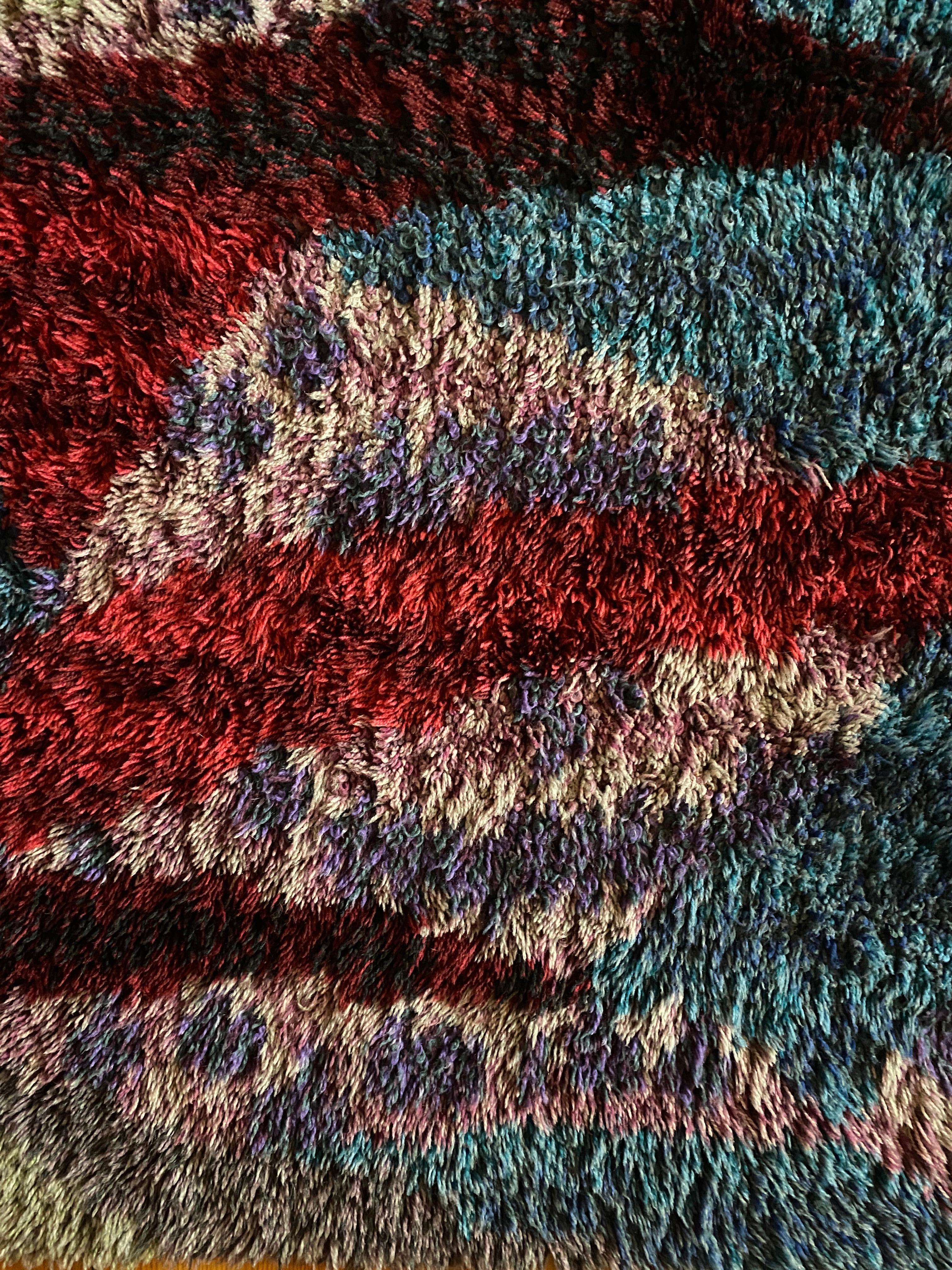 Hand-Knotted Mid-century Modern High Pile Wool Blue, Purple & Red Rya Rug, Sweden 1960s For Sale