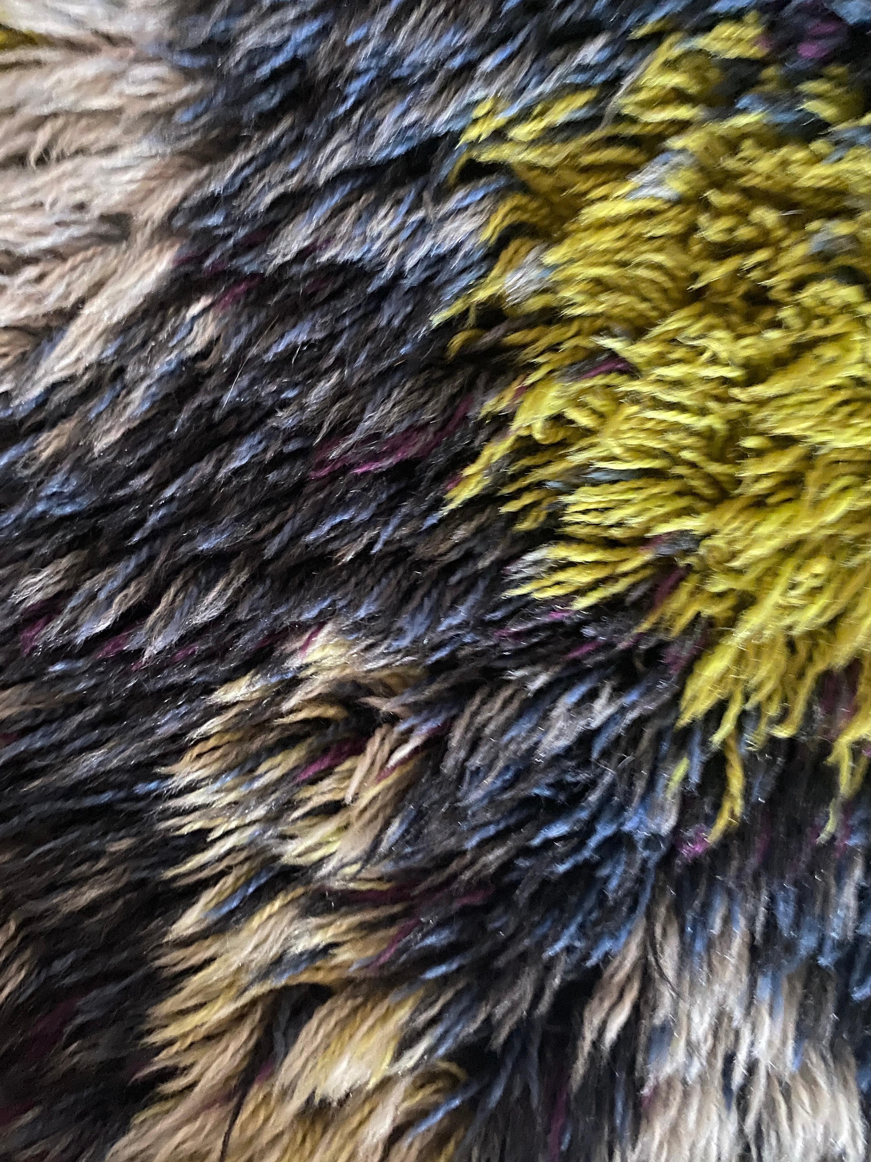 Mid-century Modern High Pile Wool Blue, Yellow & White Rya Rug, Sweden 1960s For Sale 5