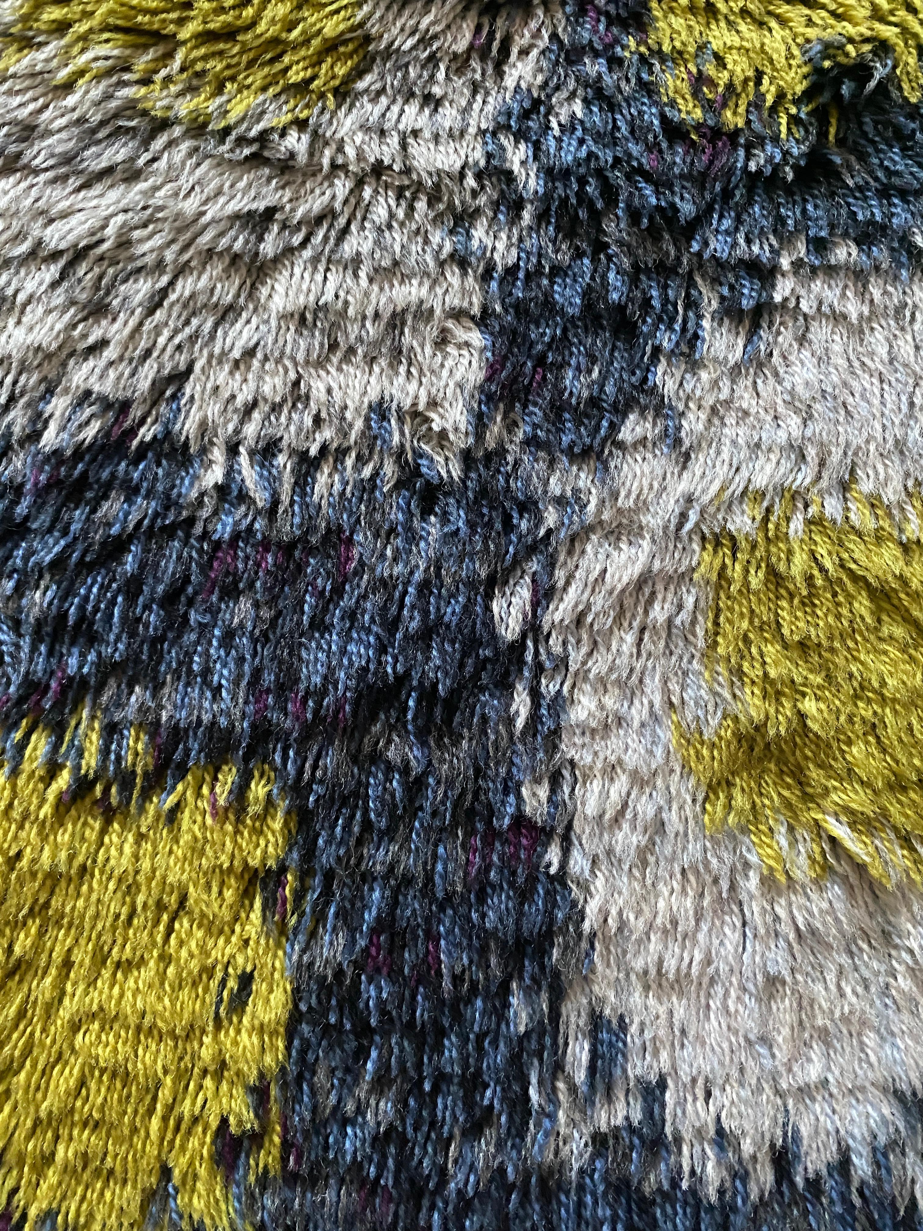 Mid-century Modern High Pile Wool Blue, Yellow & White Rya Rug, Sweden 1960s For Sale 7