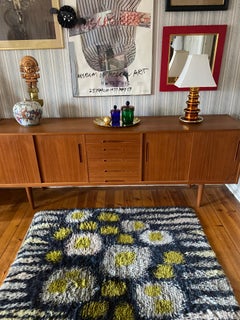 Mid-century Modern High Pile Wool Blue, Yellow & White Rya Rug, Sweden 1960s