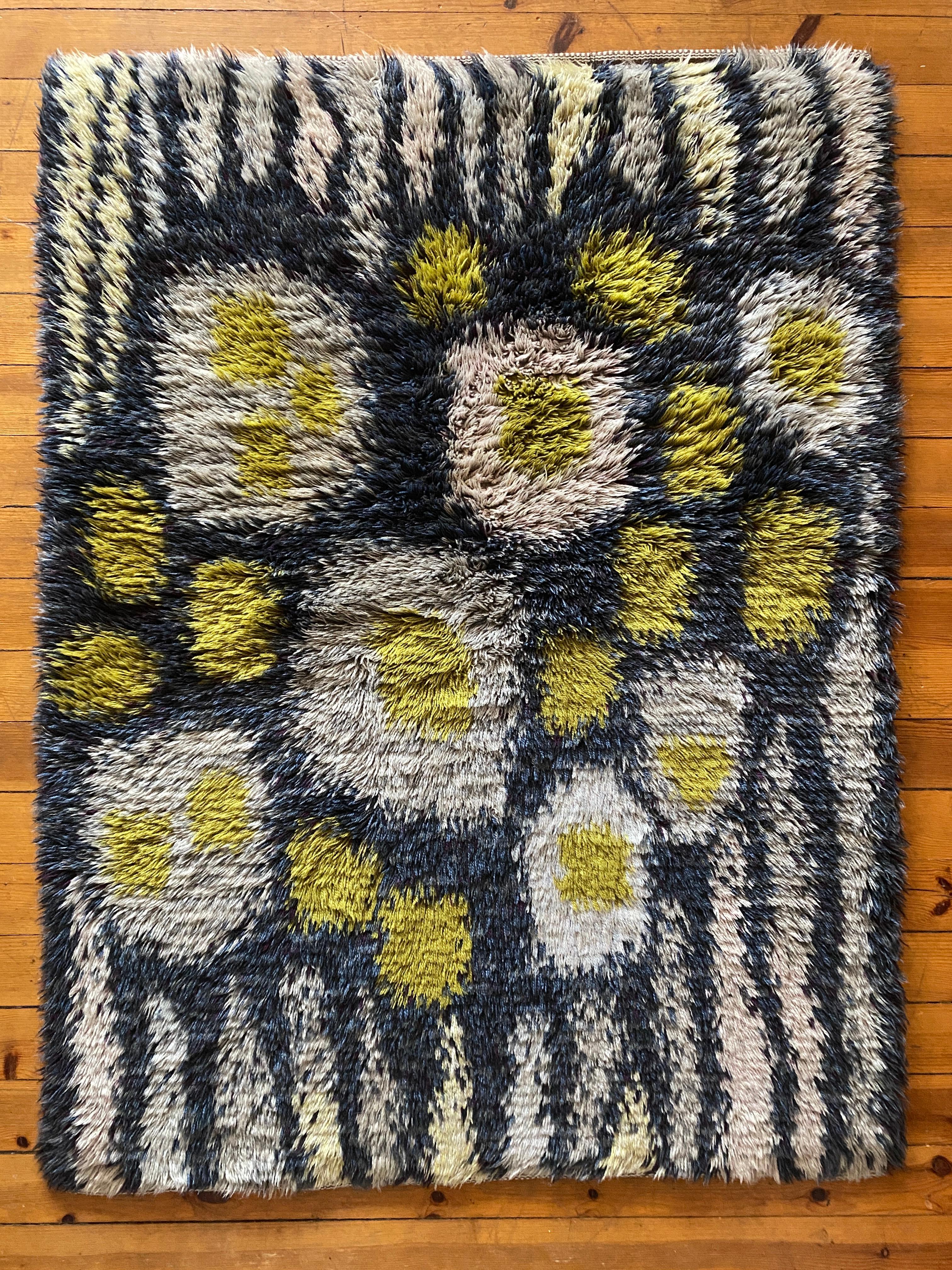 Mid-Century Modern Mid-century Modern High Pile Wool Blue, Yellow & White Rya Rug, Sweden 1960s For Sale