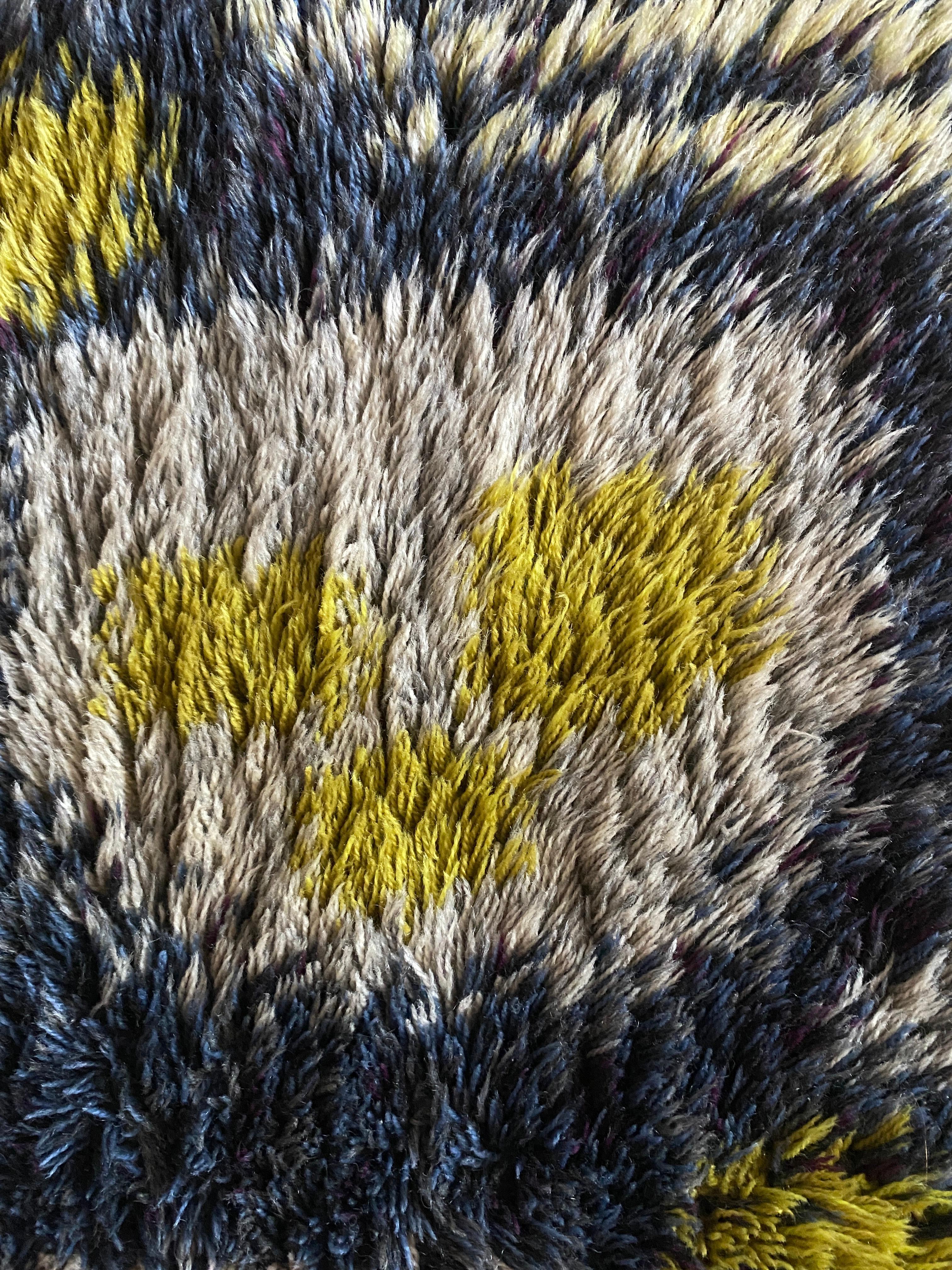 Swedish Mid-century Modern High Pile Wool Blue, Yellow & White Rya Rug, Sweden 1960s For Sale