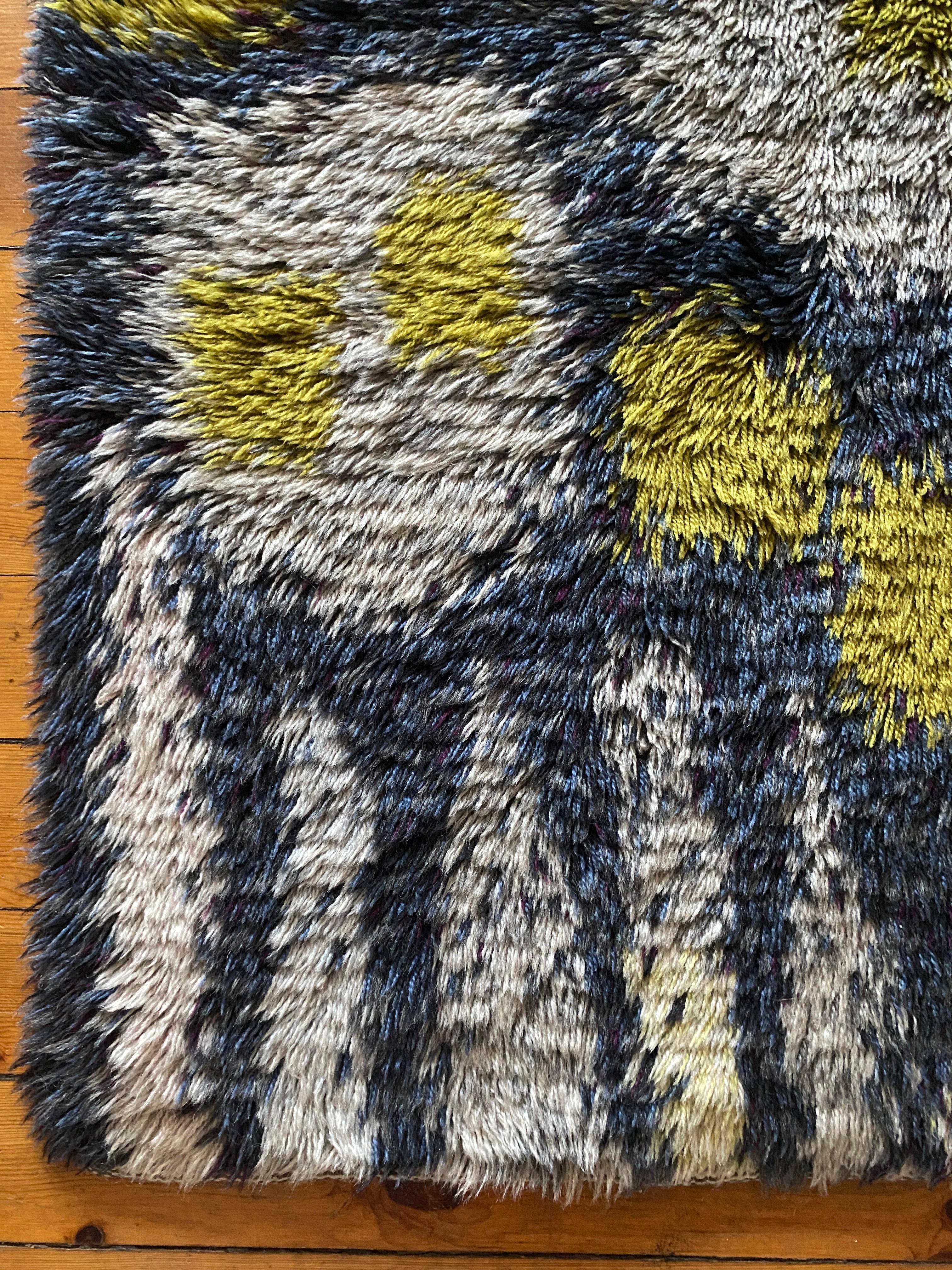 Hand-Knotted Mid-century Modern High Pile Wool Blue, Yellow & White Rya Rug, Sweden 1960s For Sale