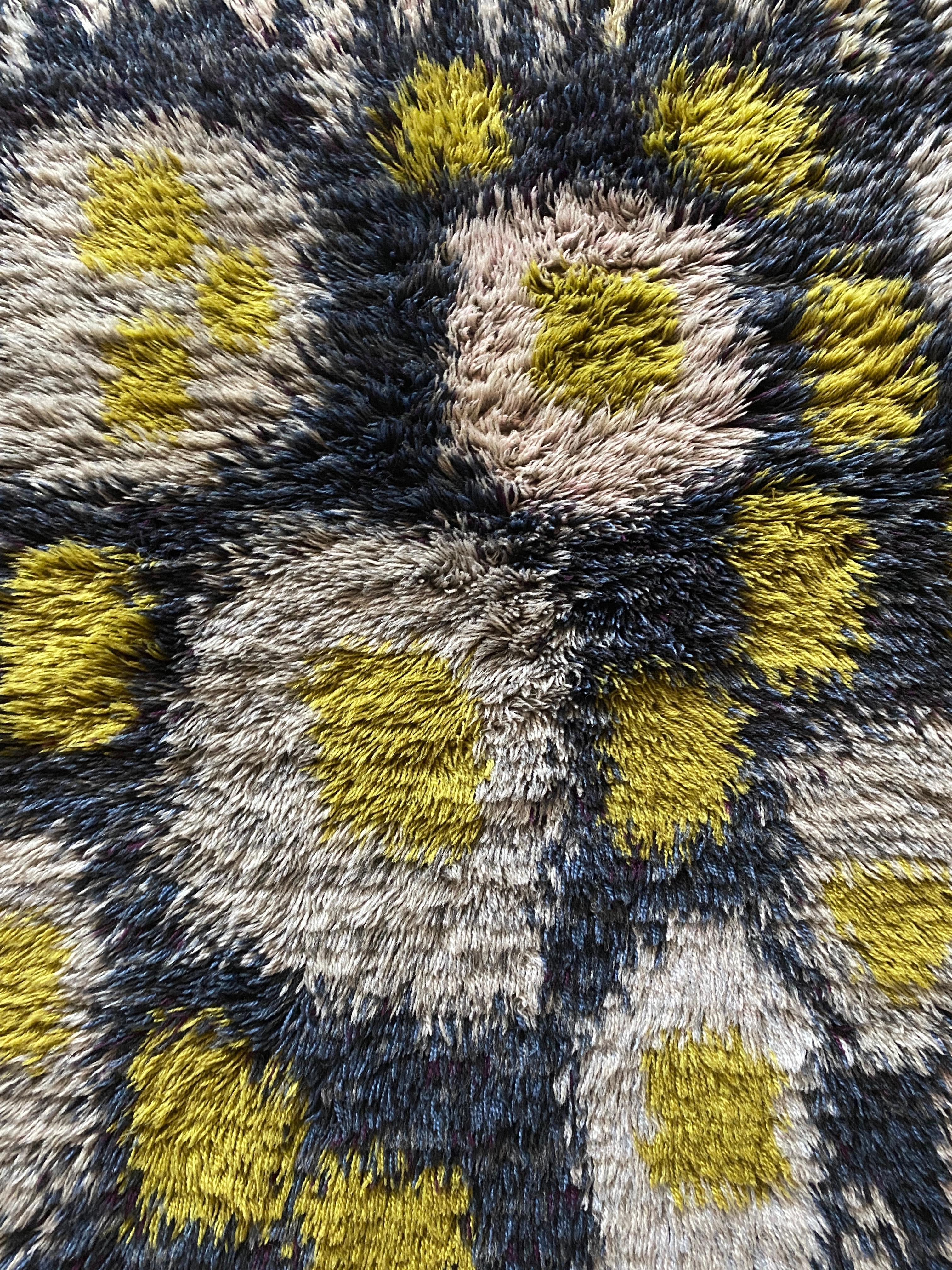 Mid-20th Century Mid-century Modern High Pile Wool Blue, Yellow & White Rya Rug, Sweden 1960s For Sale