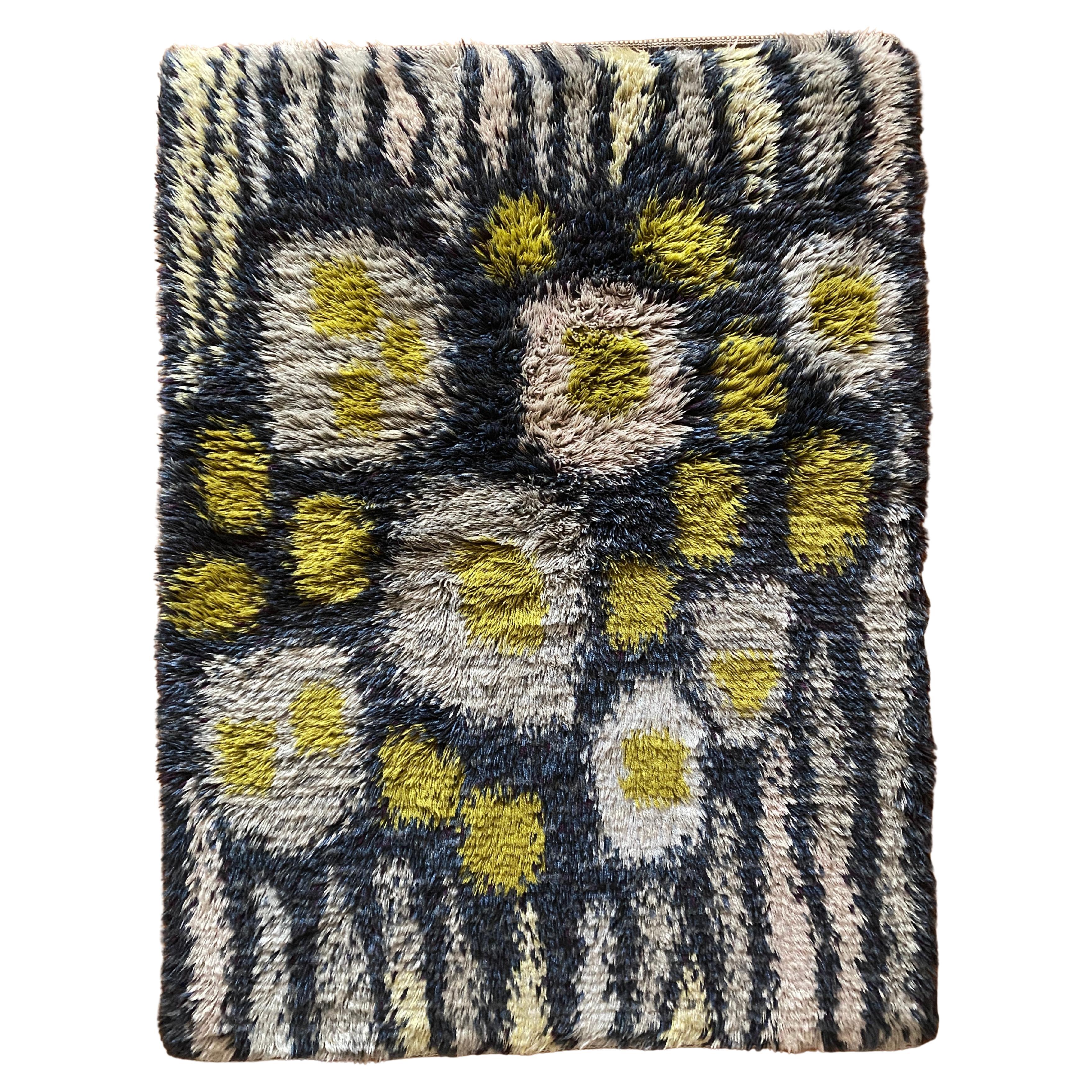 Mid-century Modern High Pile Wool Blue, Yellow & White Rya Rug, Sweden 1960s