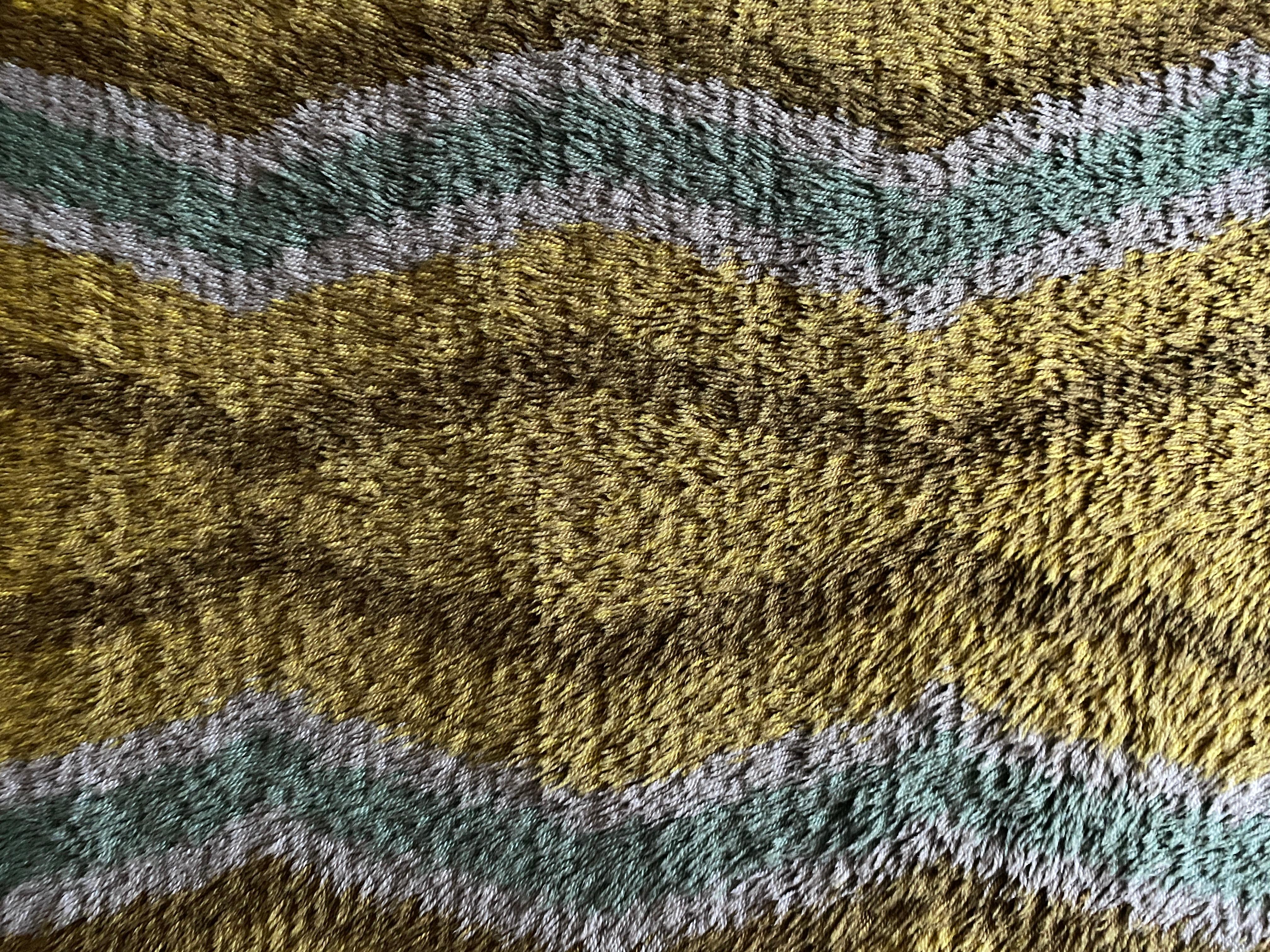 Mid-century Modern High Pile, Yellow, Aquamarine & Grey Rya Rug, Sweden, 1960s For Sale 2