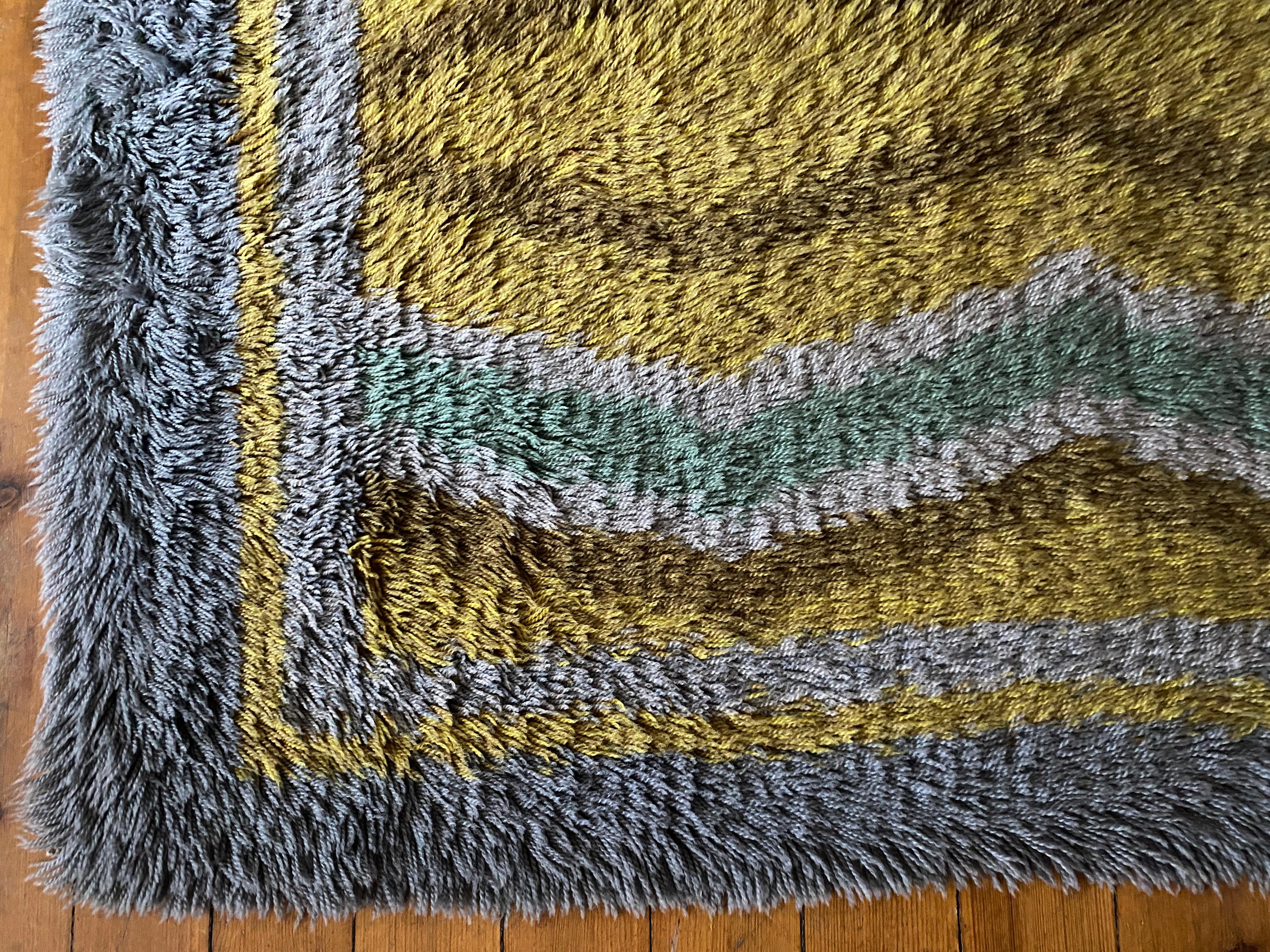 Mid-century Modern High Pile, Yellow, Aquamarine & Grey Rya Rug, Sweden, 1960s For Sale 4
