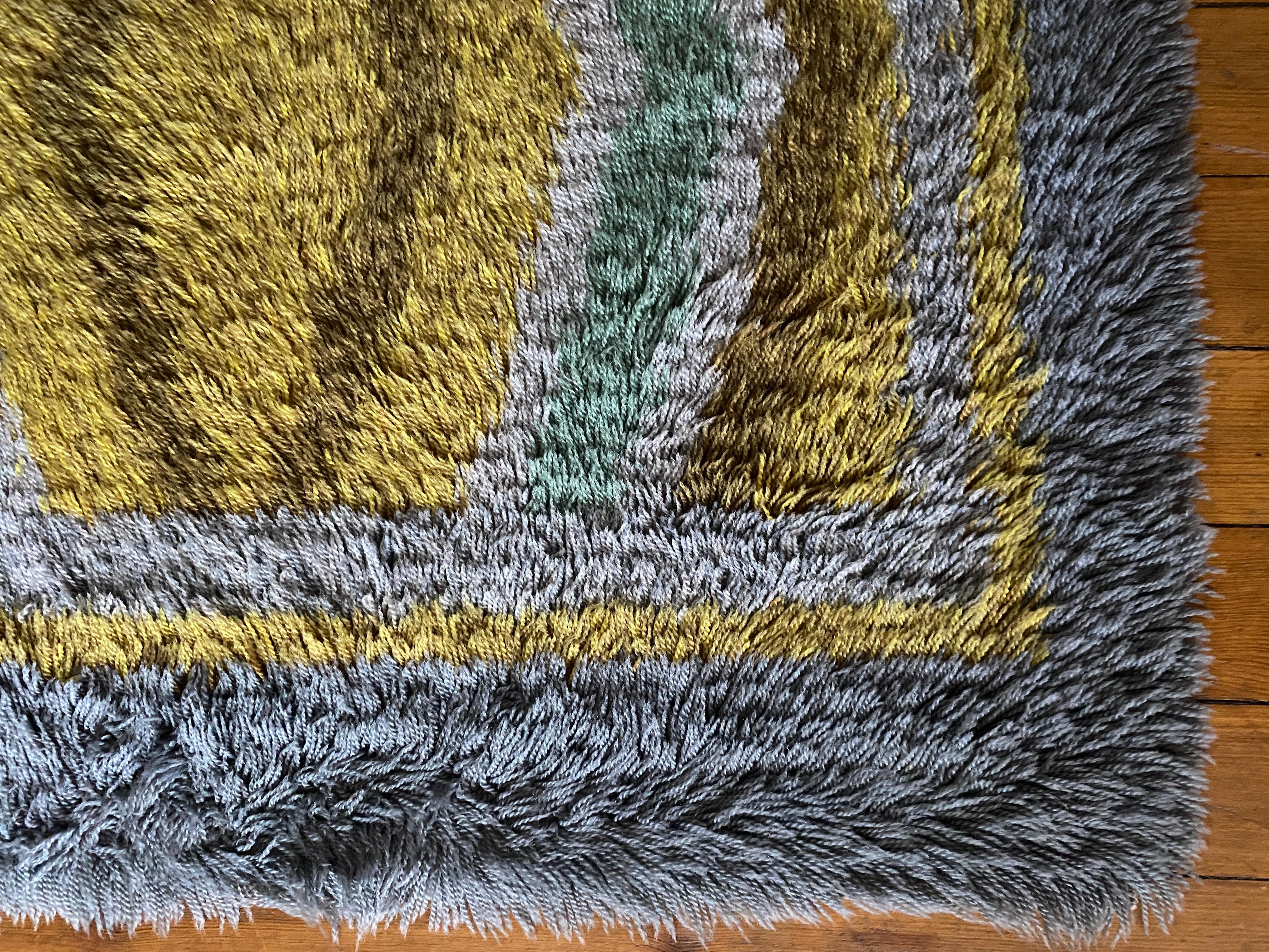 Mid-century Modern High Pile, Yellow, Aquamarine & Grey Rya Rug, Sweden, 1960s For Sale 5