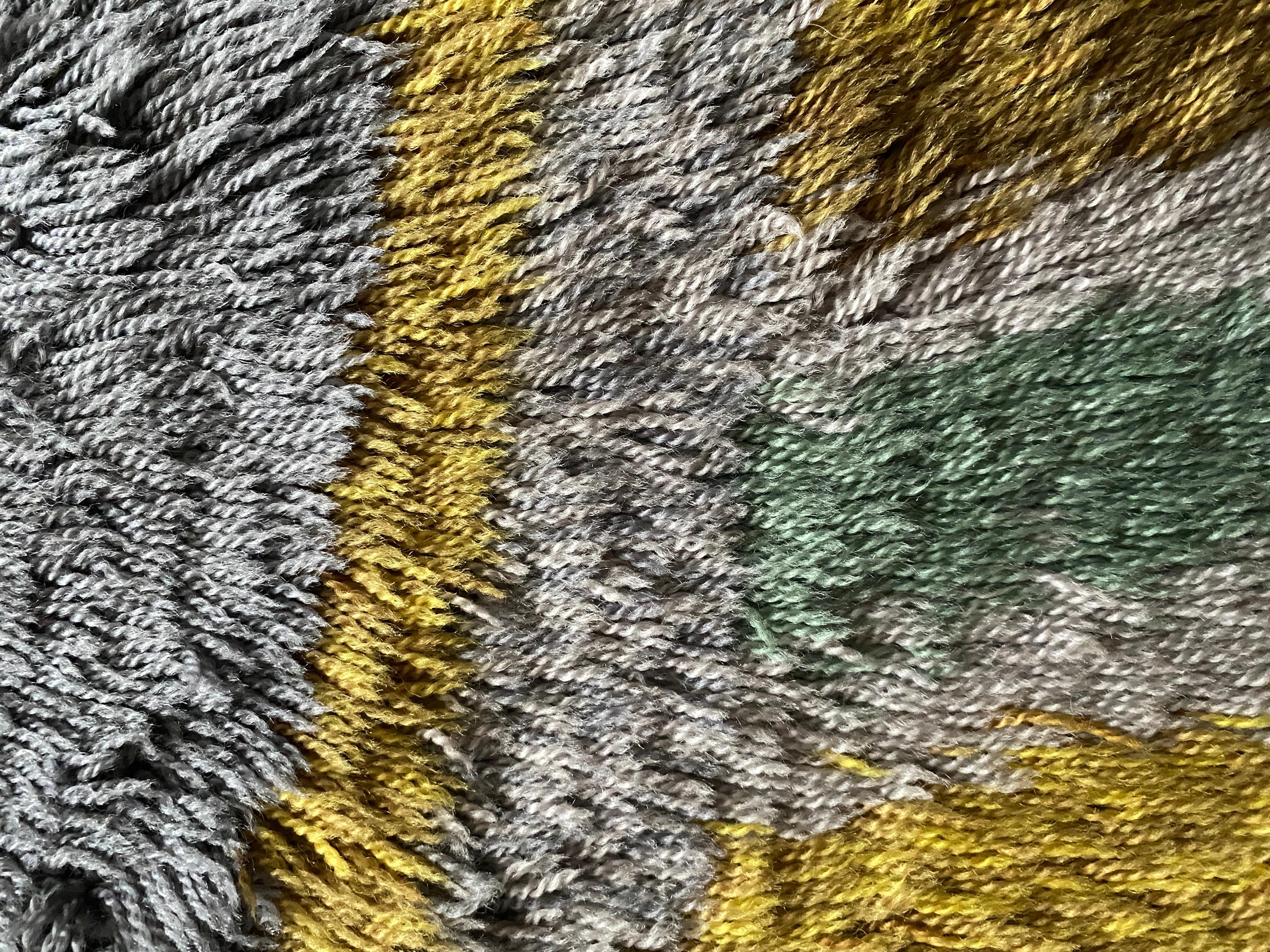 Scandinavian Modern Mid-century Modern High Pile, Yellow, Aquamarine & Grey Rya Rug, Sweden, 1960s For Sale