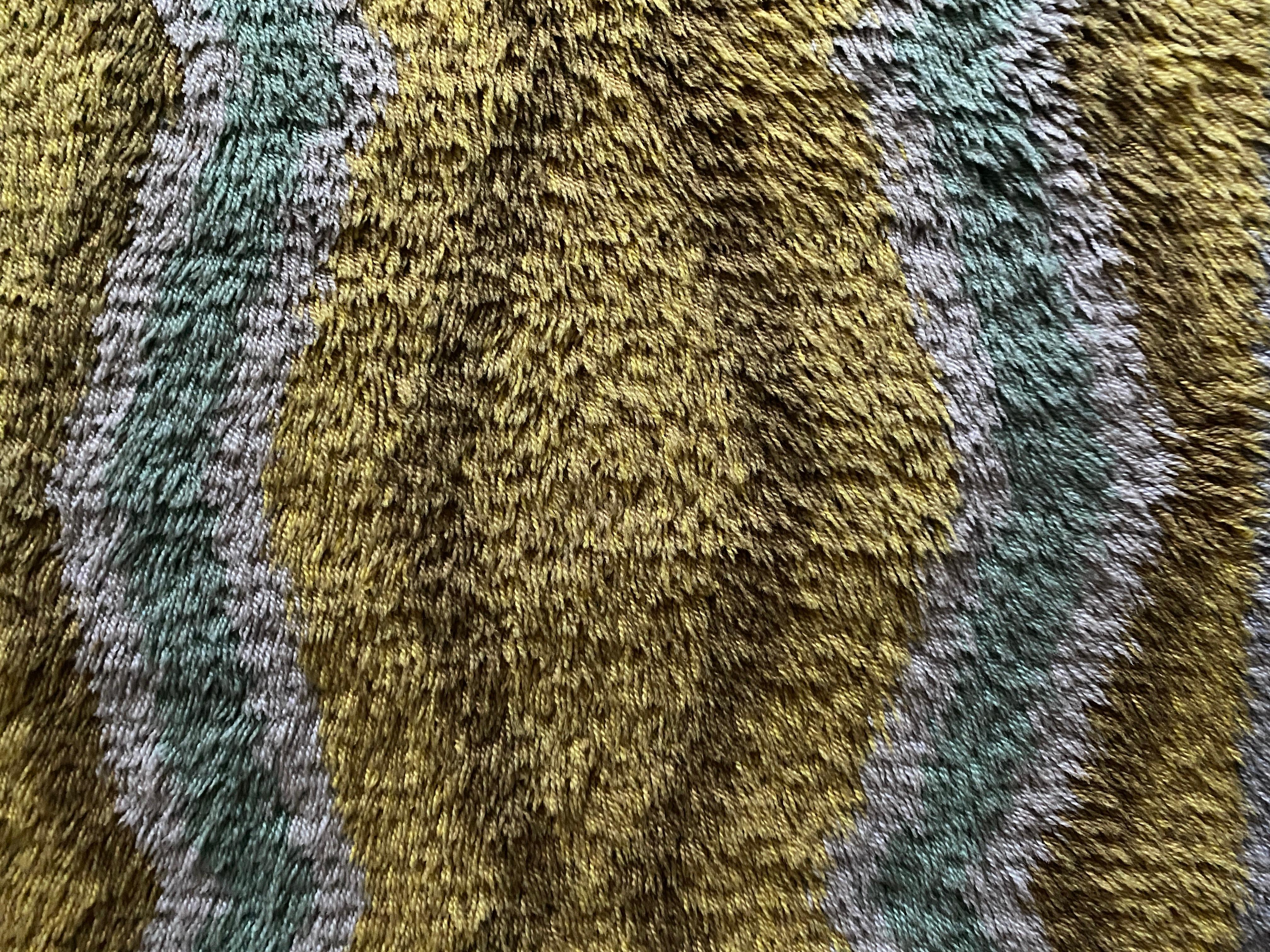 Hand-Knotted Mid-century Modern High Pile, Yellow, Aquamarine & Grey Rya Rug, Sweden, 1960s For Sale