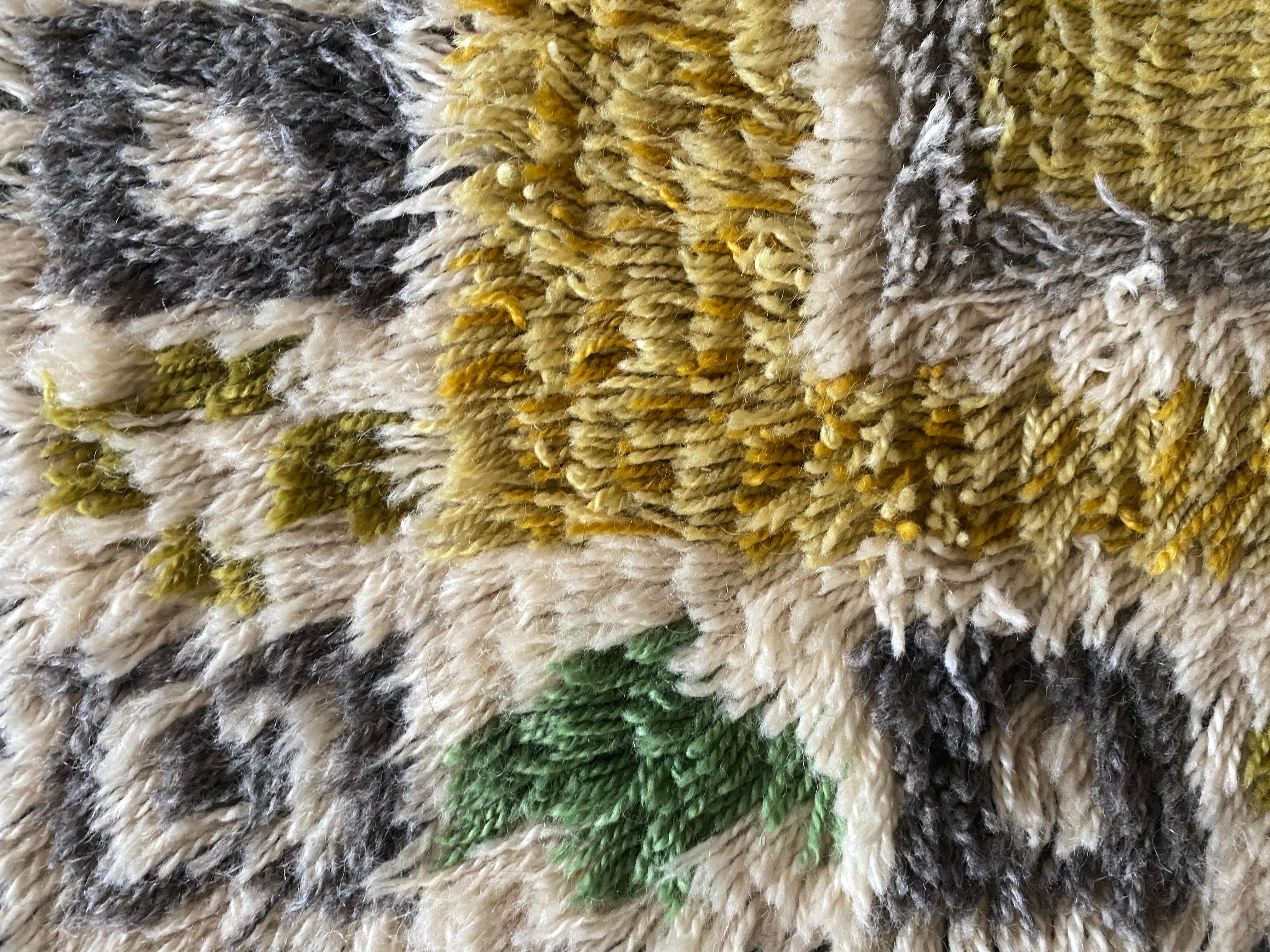 Mid-century Modern High Pile, Yellow, White, Green & Grey Rya Rug, Sweden, 1960s For Sale 5