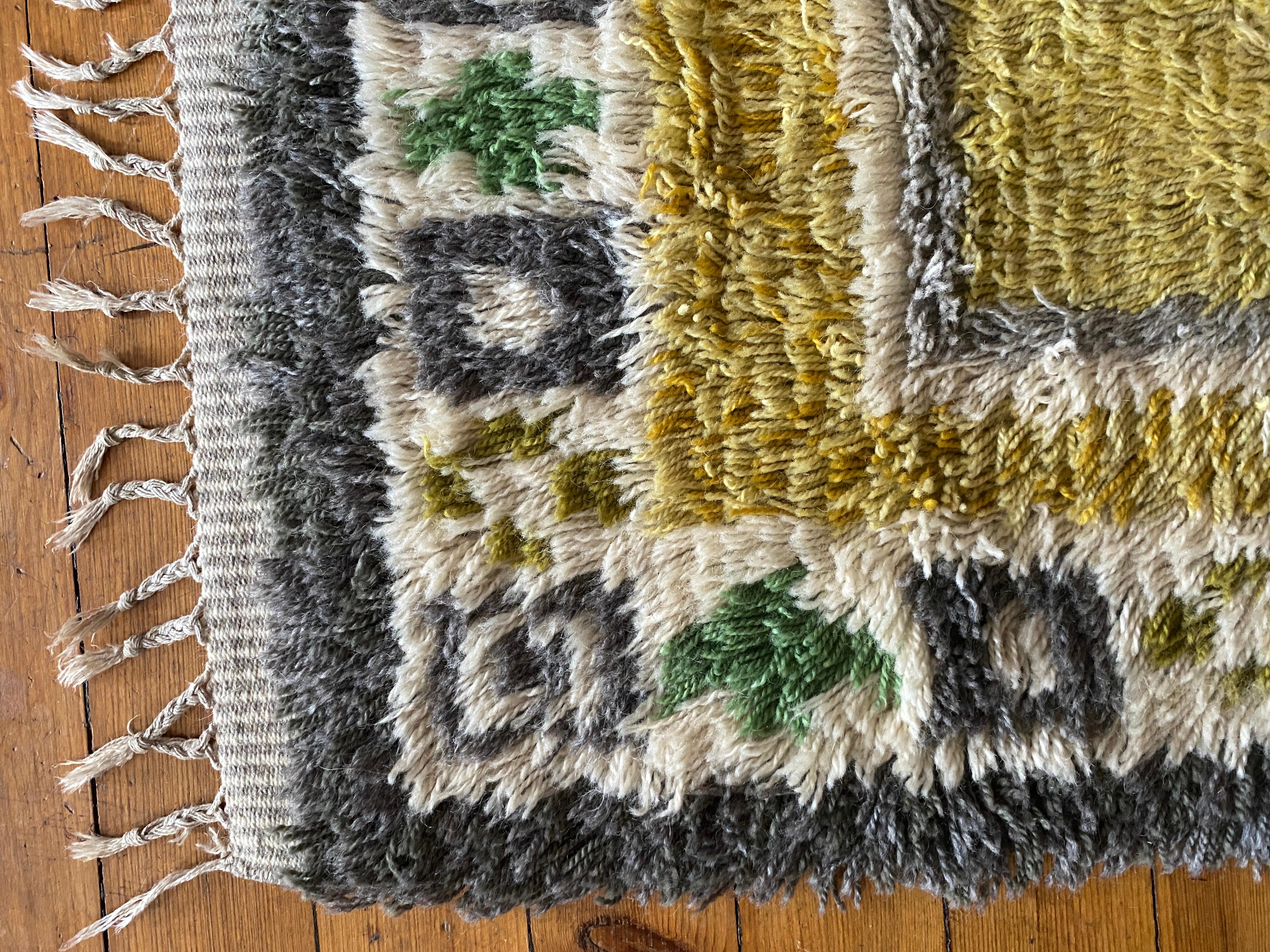 Mid-century Modern High Pile, Yellow, White, Green & Grey Rya Rug, Sweden, 1960s For Sale 7