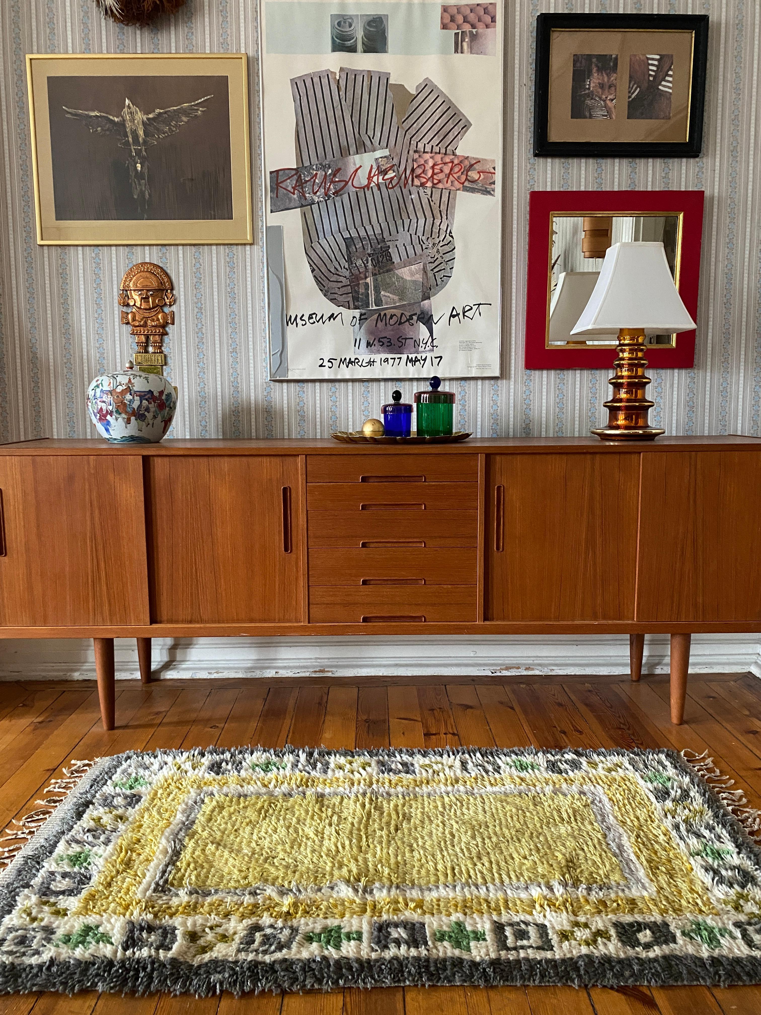 Mid-century Modern High Pile, Yellow, White, Green & Grey Rya Rug, Sweden, 1960s For Sale 8