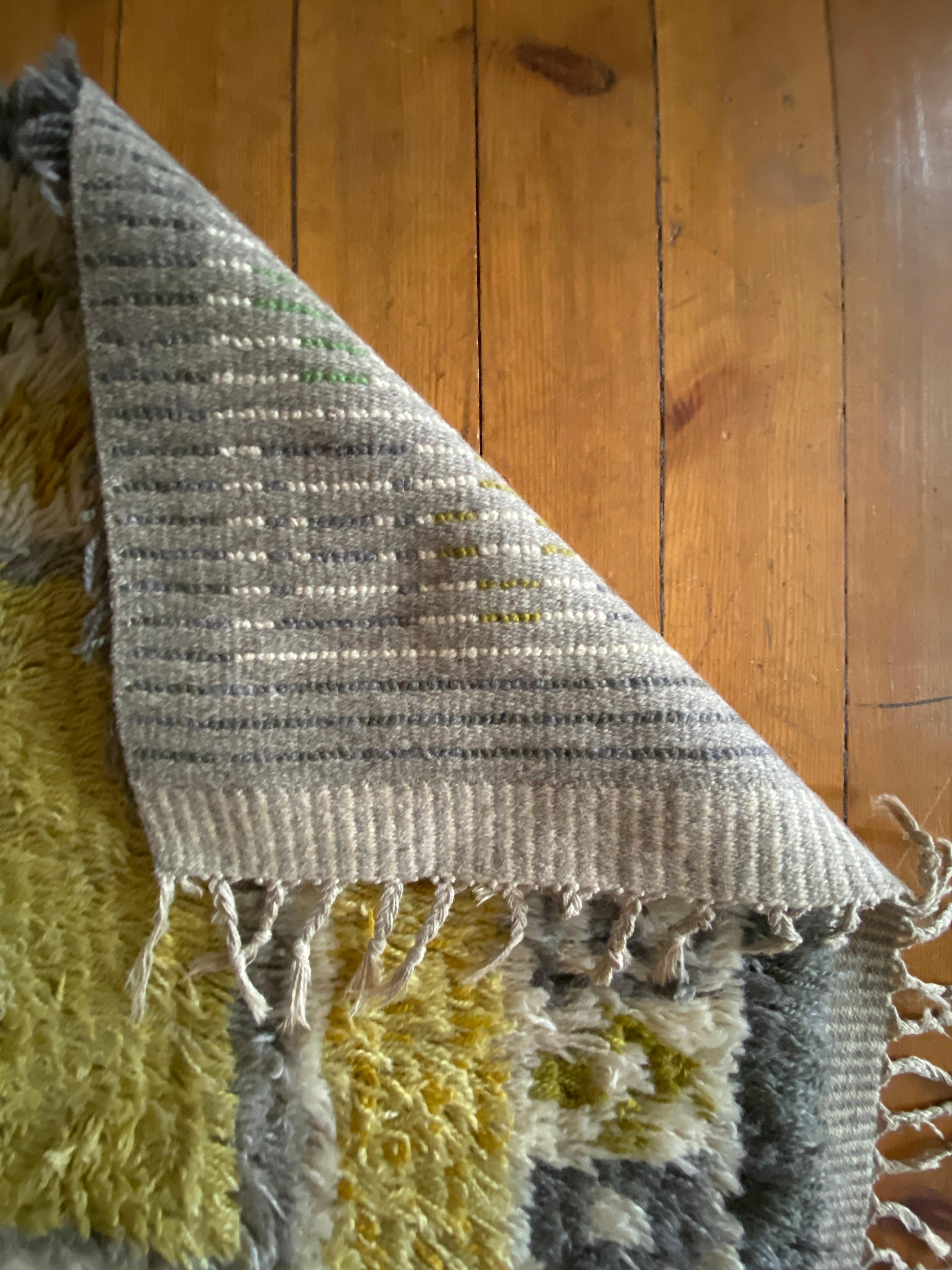 Swedish Mid-century Modern High Pile, Yellow, White, Green & Grey Rya Rug, Sweden, 1960s For Sale