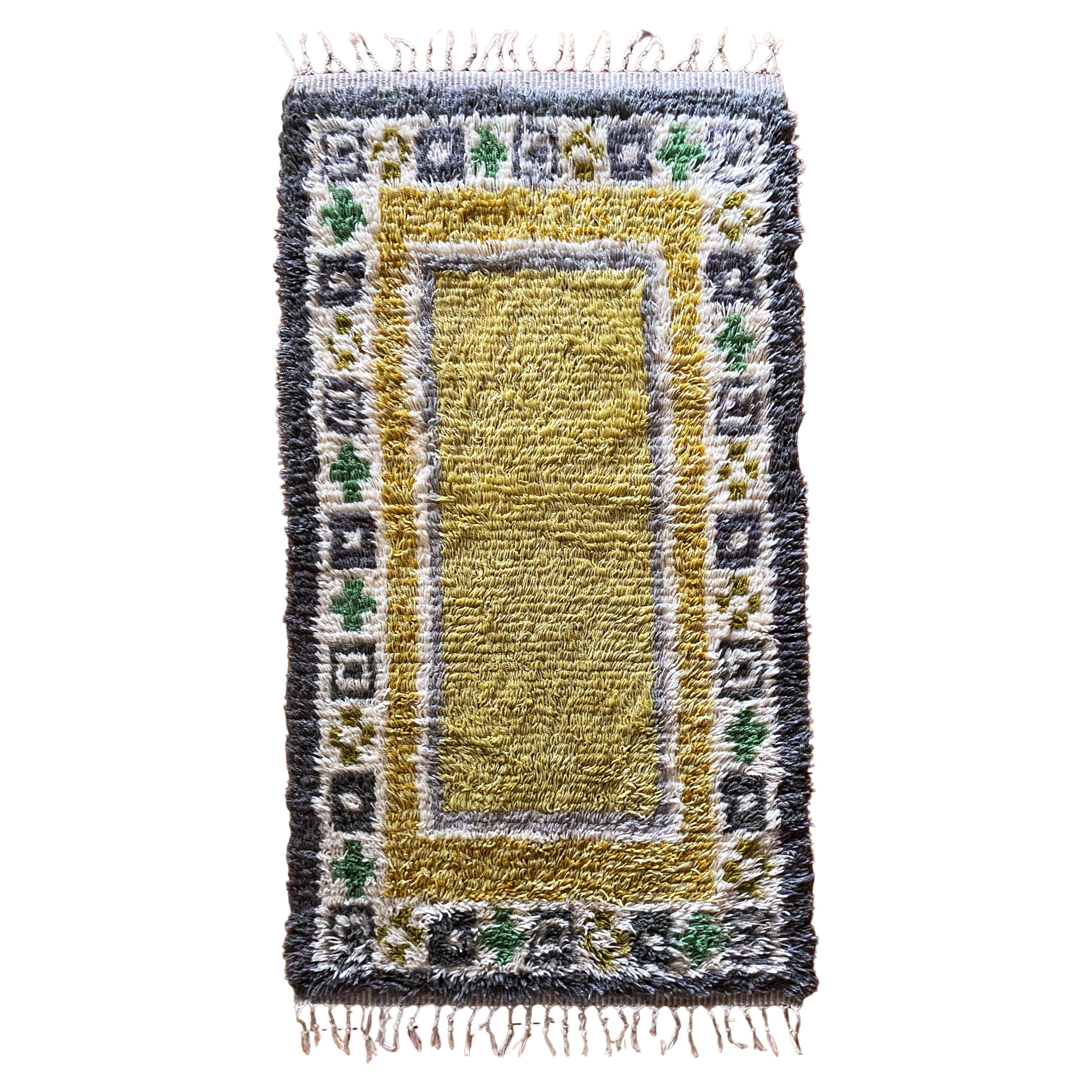 Mid-century Modern High Pile, Yellow, White, Green & Grey Rya Rug, Sweden, 1960s For Sale