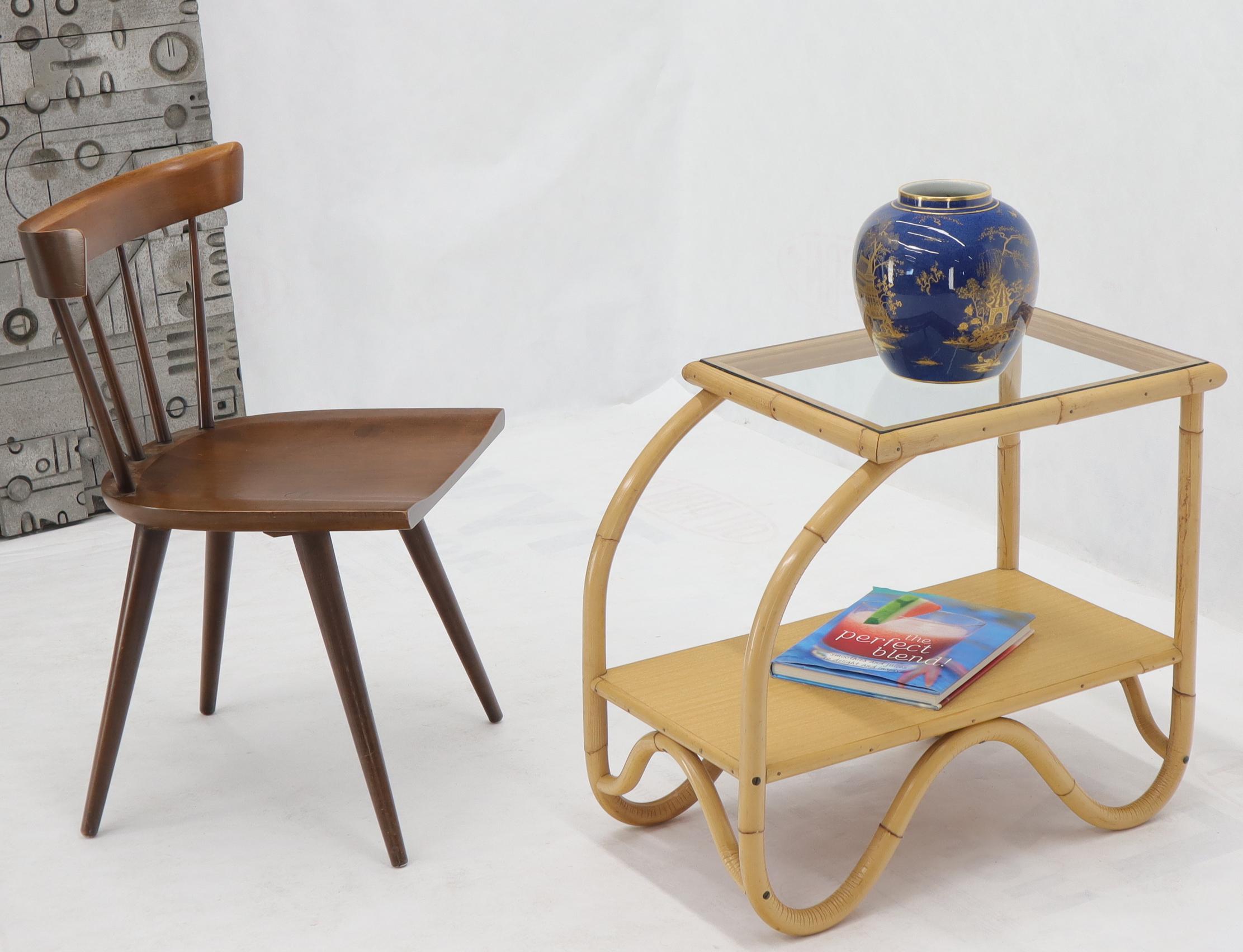 Pair of bent rattan glass tops Mid-Century Modern side end tables or nightstands.