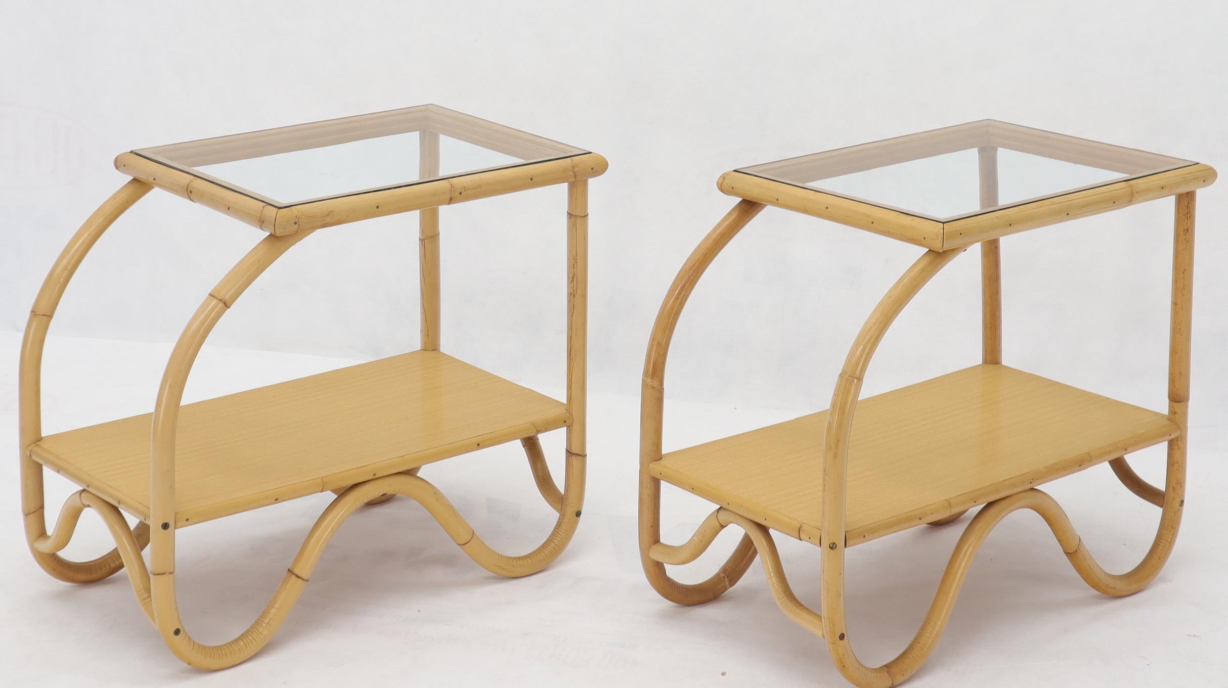 American Mid-Century Modern High Quality Bent Rattan Glass Top End Side Tables