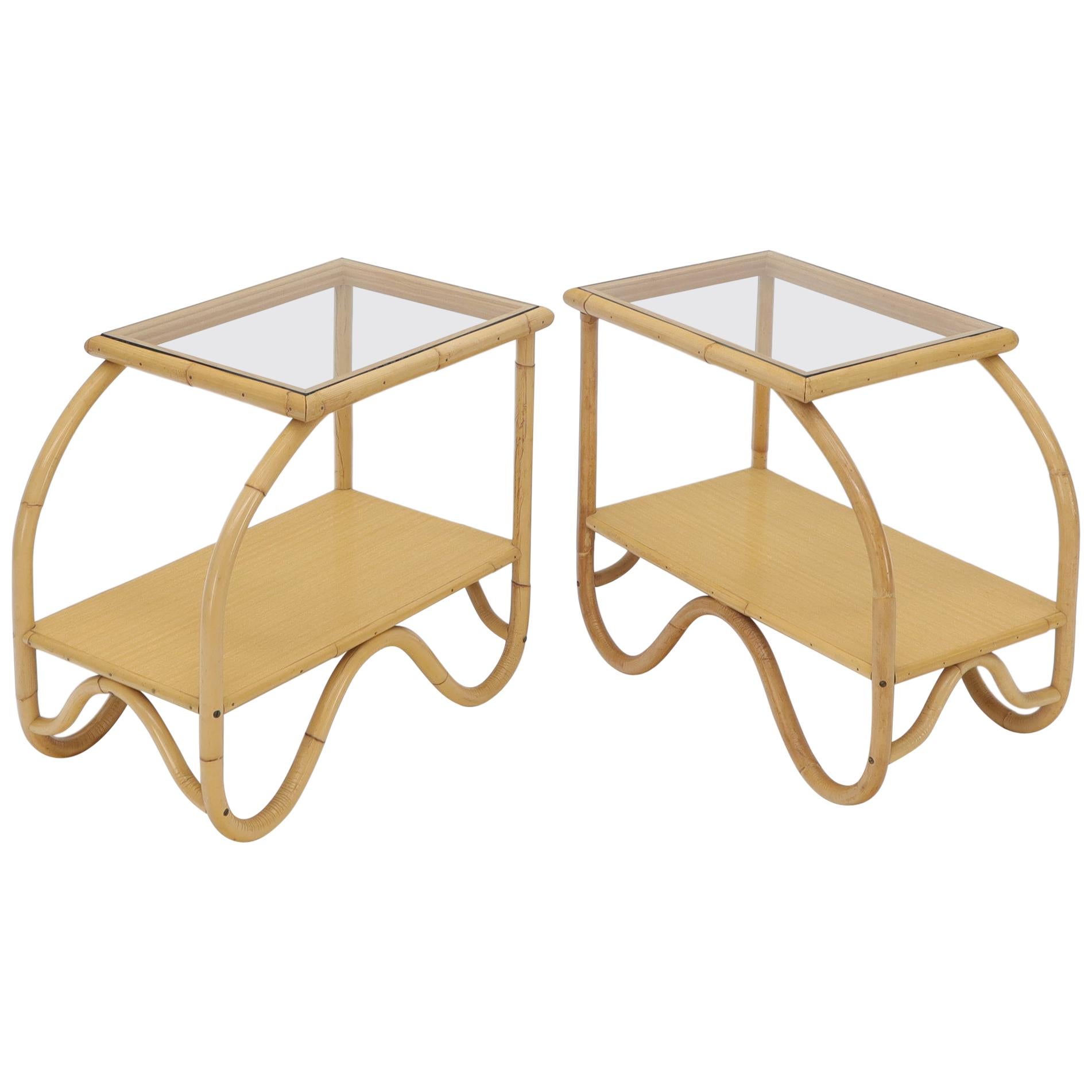 Mid-Century Modern High Quality Bent Rattan Glass Top End Side Tables