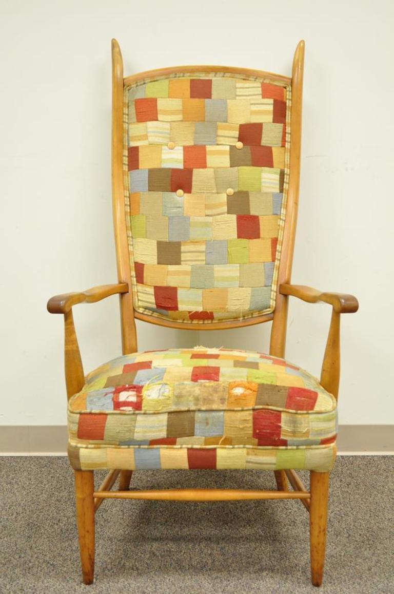 Fabric Mid-Century Modern High Tall Back Maple Armchair Attributed to Edward Wormley For Sale