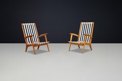 Sillones altos modernos de mediados de siglo en roble y correas de lona, Francia, años 50