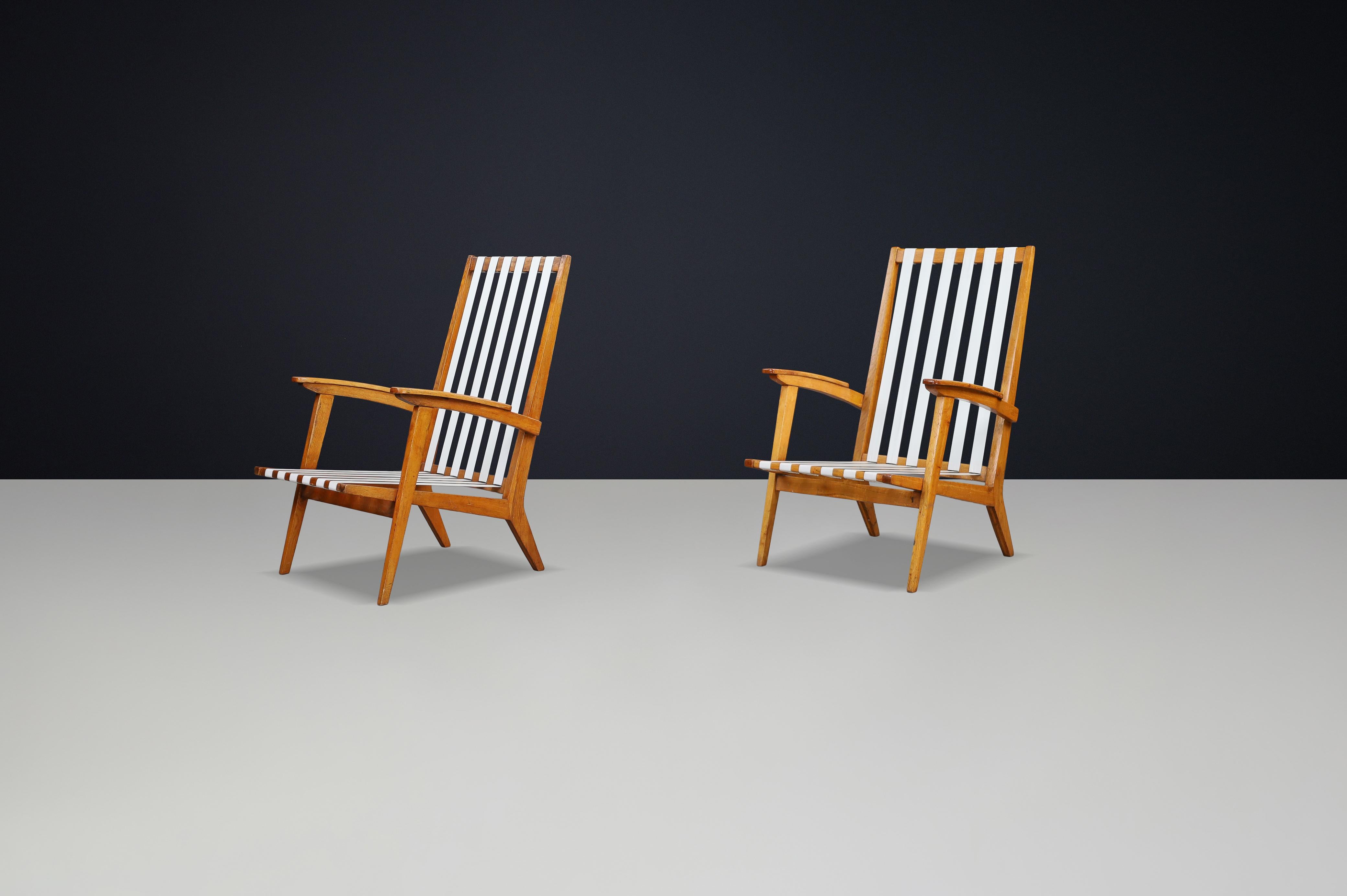 Mid-Century moderno Poltrone a schienale alto in Oak e cinghie in tela, Francia, 1950 in vendita