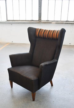 Poltrona lounge in stile Mid-Century Modern con schienale alto, in lana grigia, 1950 circa, Danimarca