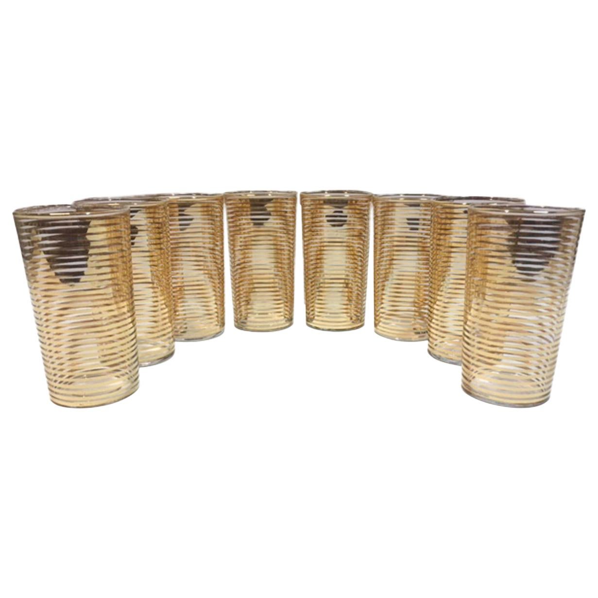 Mid-Century Modern Highball Glasses with Gold Band Decoration