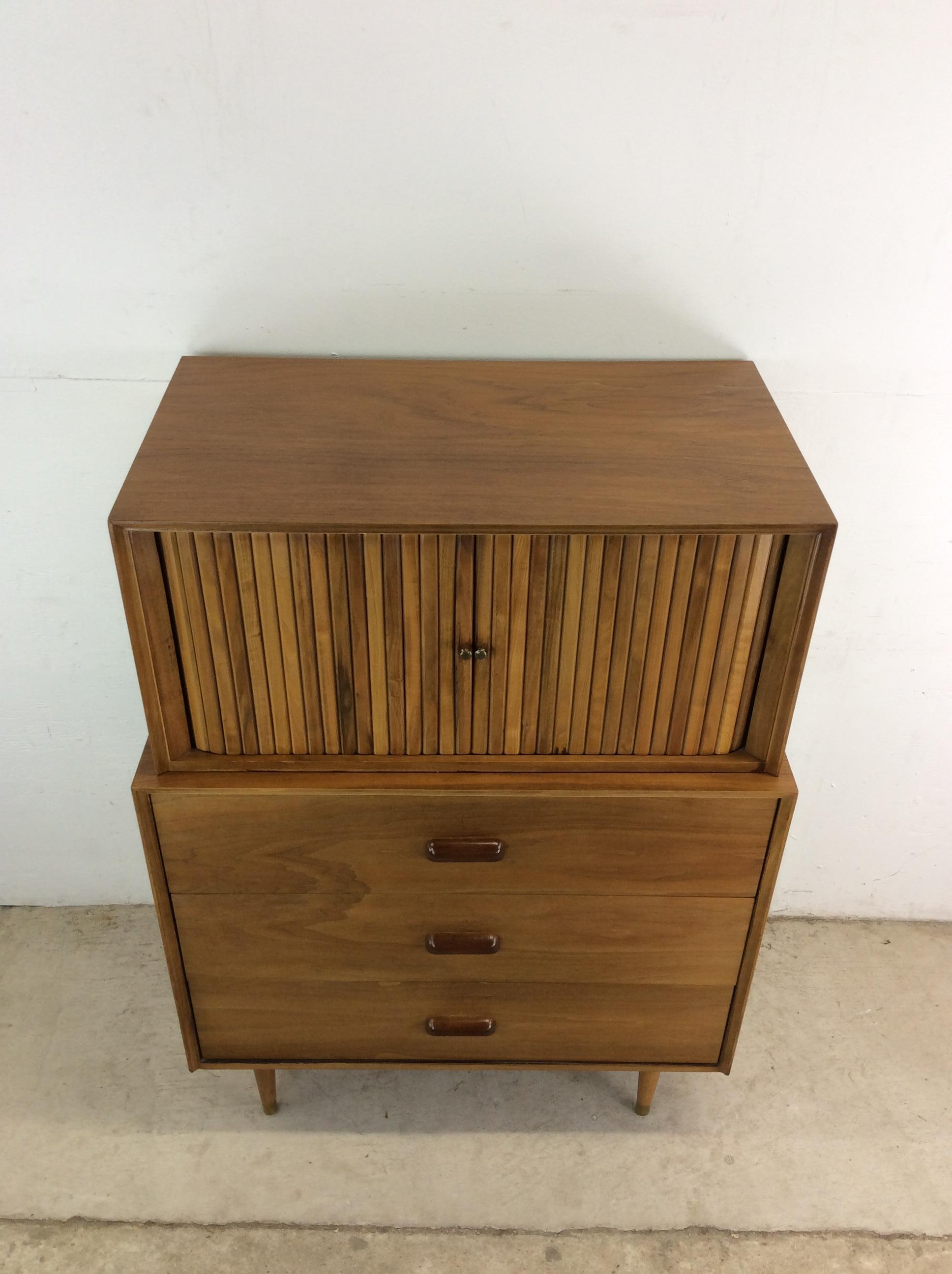 Mid Century Modern Highboy Dresser with 2pc Design & Tambour Door For Sale 11