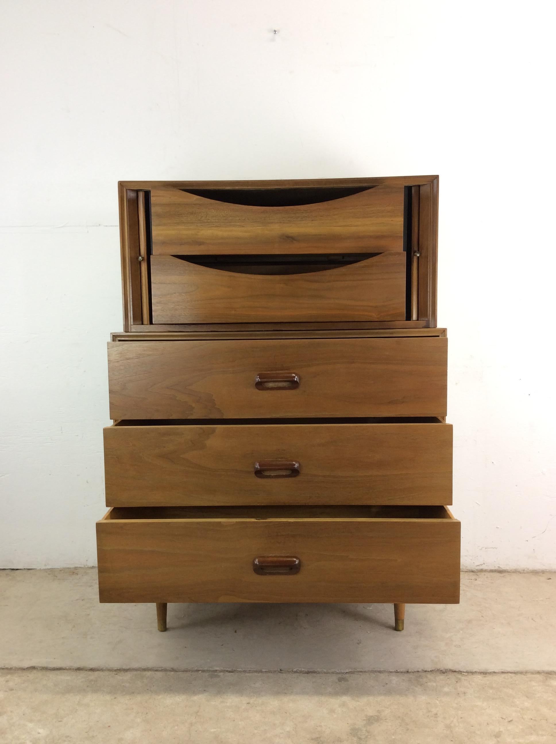Mid Century Modern Highboy Dresser with 2pc Design & Tambour Door For Sale 12