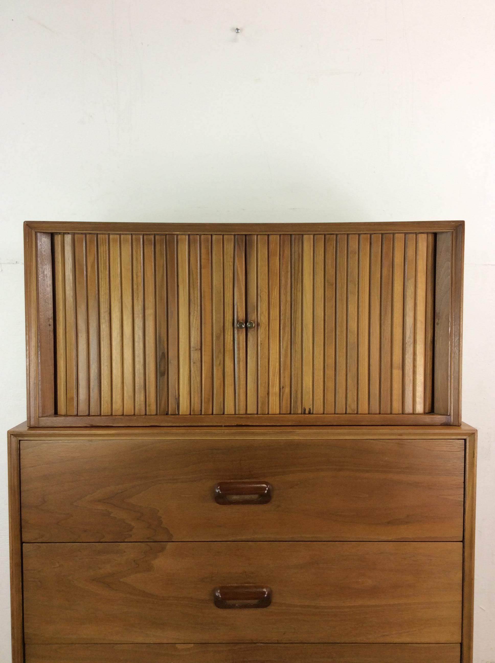 Mid-Century Modern Mid Century Modern Highboy Dresser with 2pc Design & Tambour Door For Sale