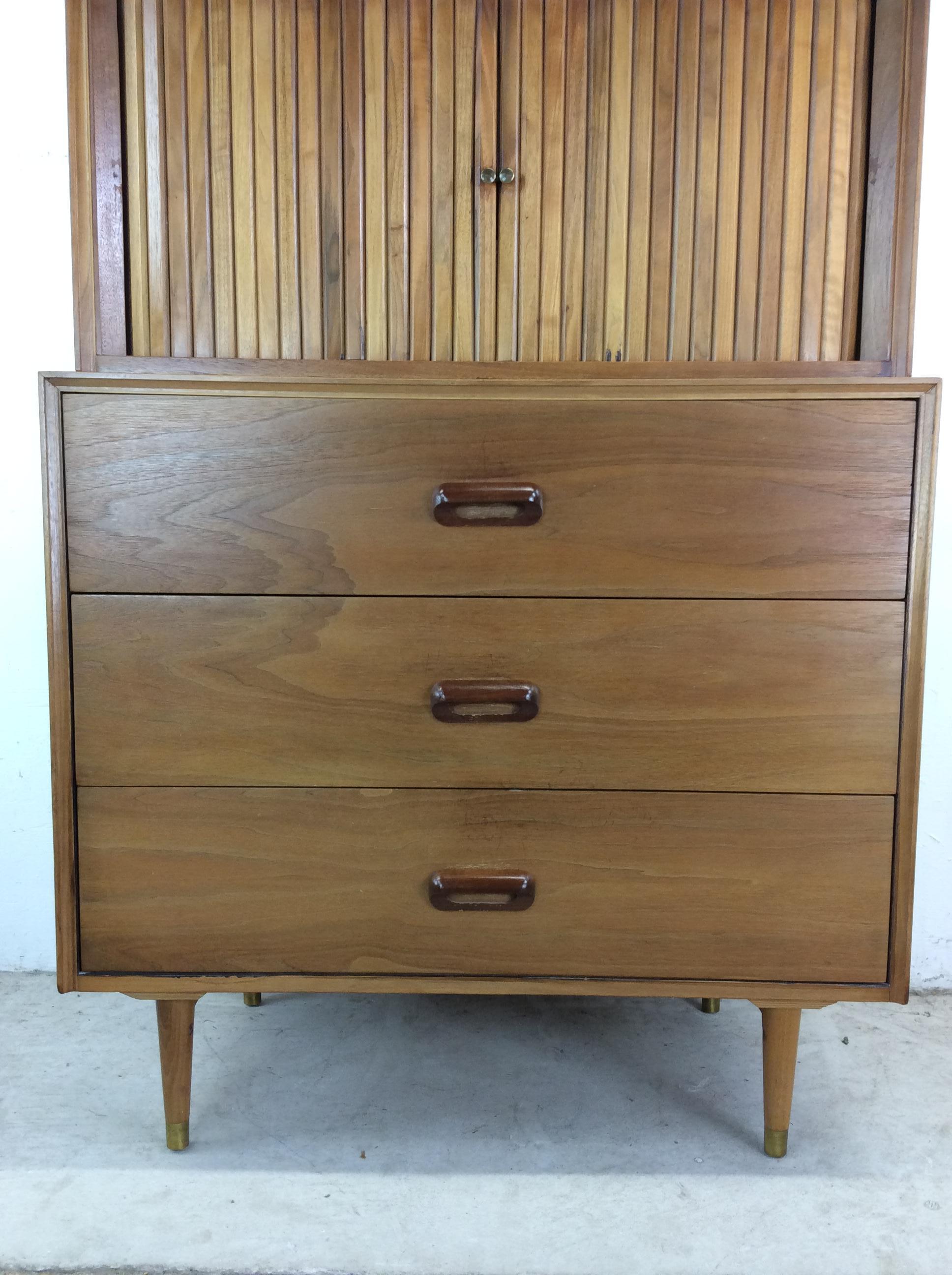 Veneer Mid Century Modern Highboy Dresser with 2pc Design & Tambour Door For Sale